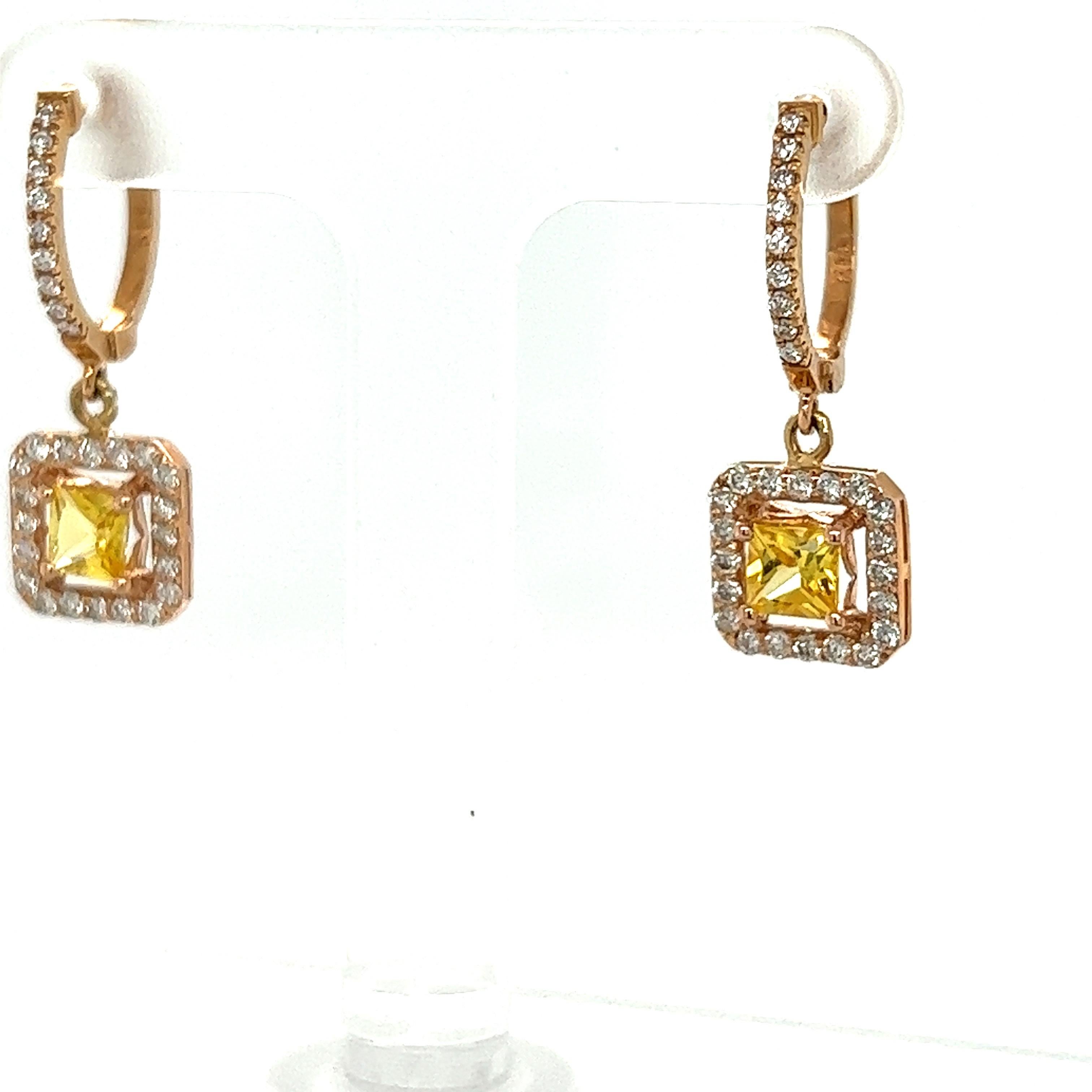 Contemporary 1.71 Carat Yellow Sapphire Diamond Rose Gold Drop Earrings For Sale