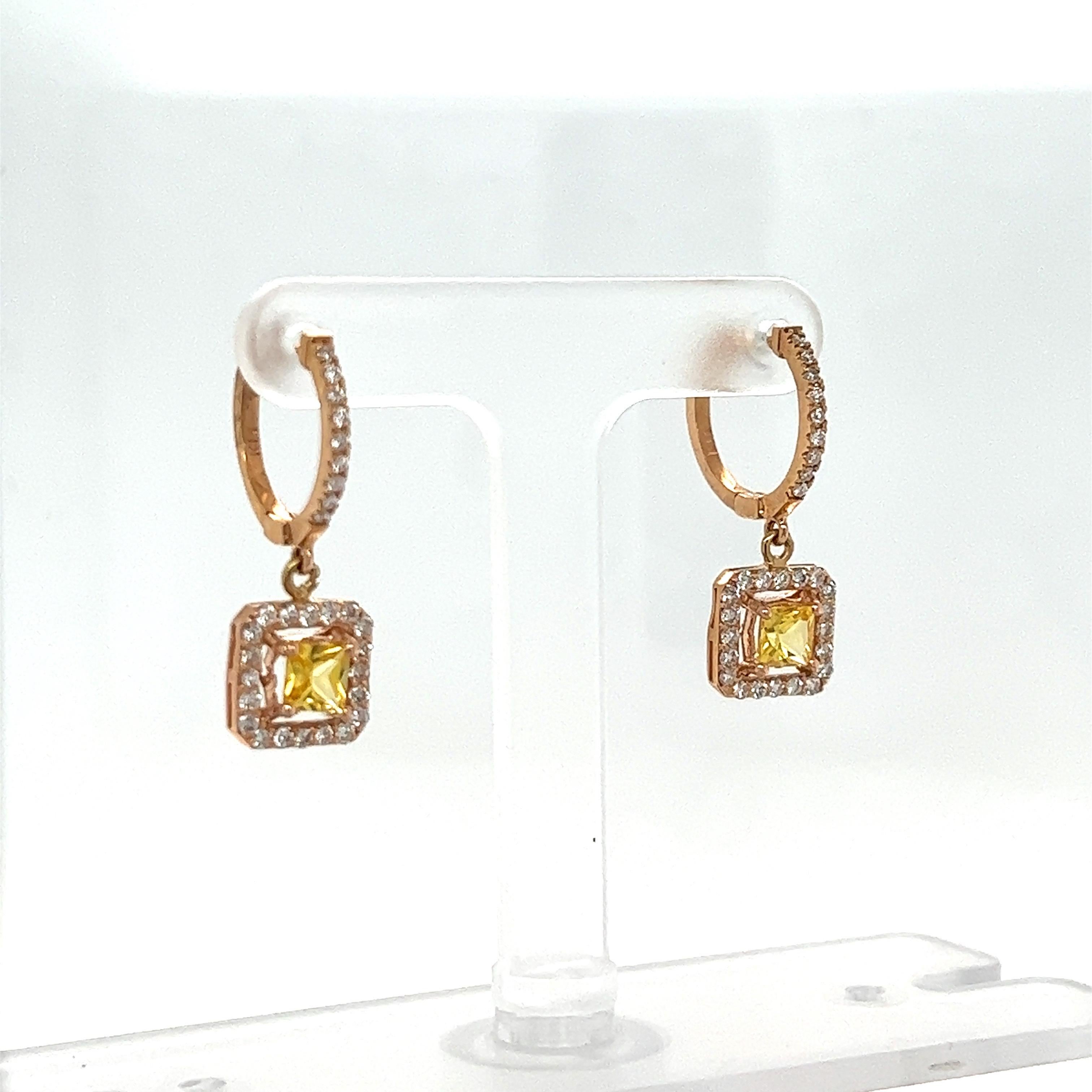 Square Cut 1.71 Carat Yellow Sapphire Diamond Rose Gold Drop Earrings For Sale