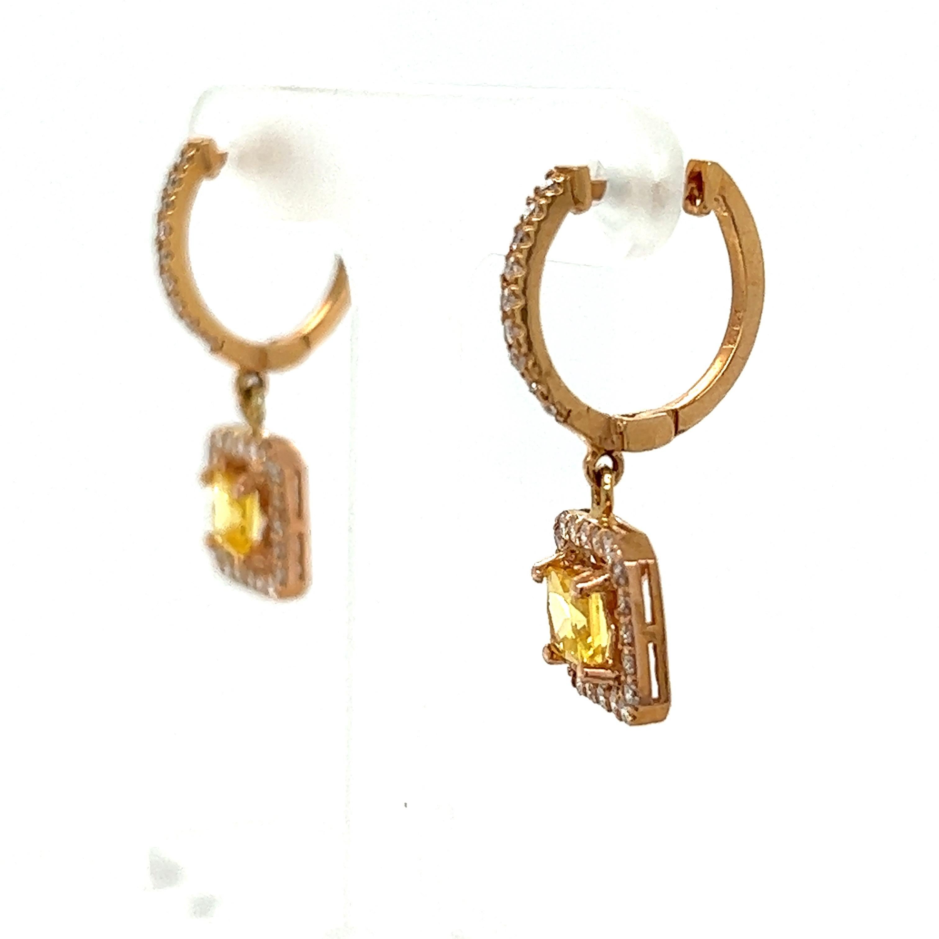 1.71 Carat Yellow Sapphire Diamond Rose Gold Drop Earrings In New Condition For Sale In Los Angeles, CA