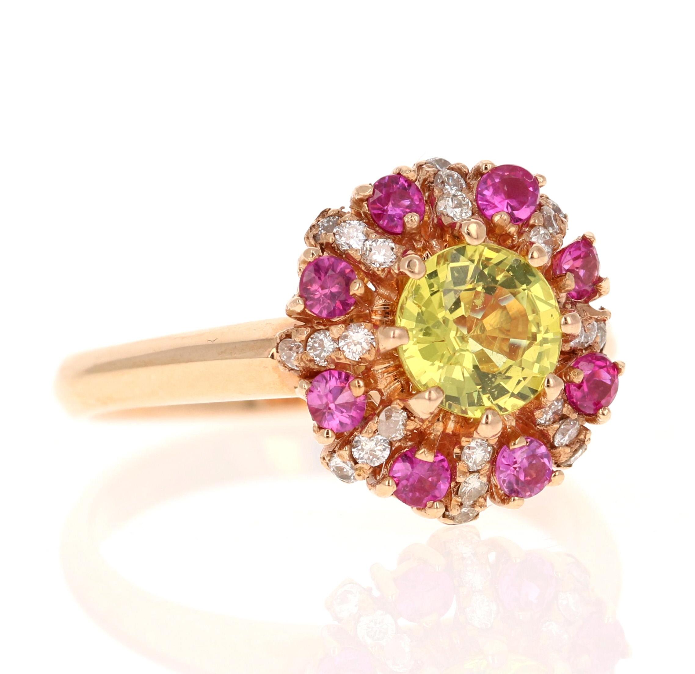 This beautiful ring has a Round Cut Yellow Sapphire that weighs 1.09 carats and measures at approximately 6 mm. The Yellow Sapphire is heated as per industry standards.

It is surrounded by 8 Pink Sapphires that weigh 0.40 Carats and also has 24
