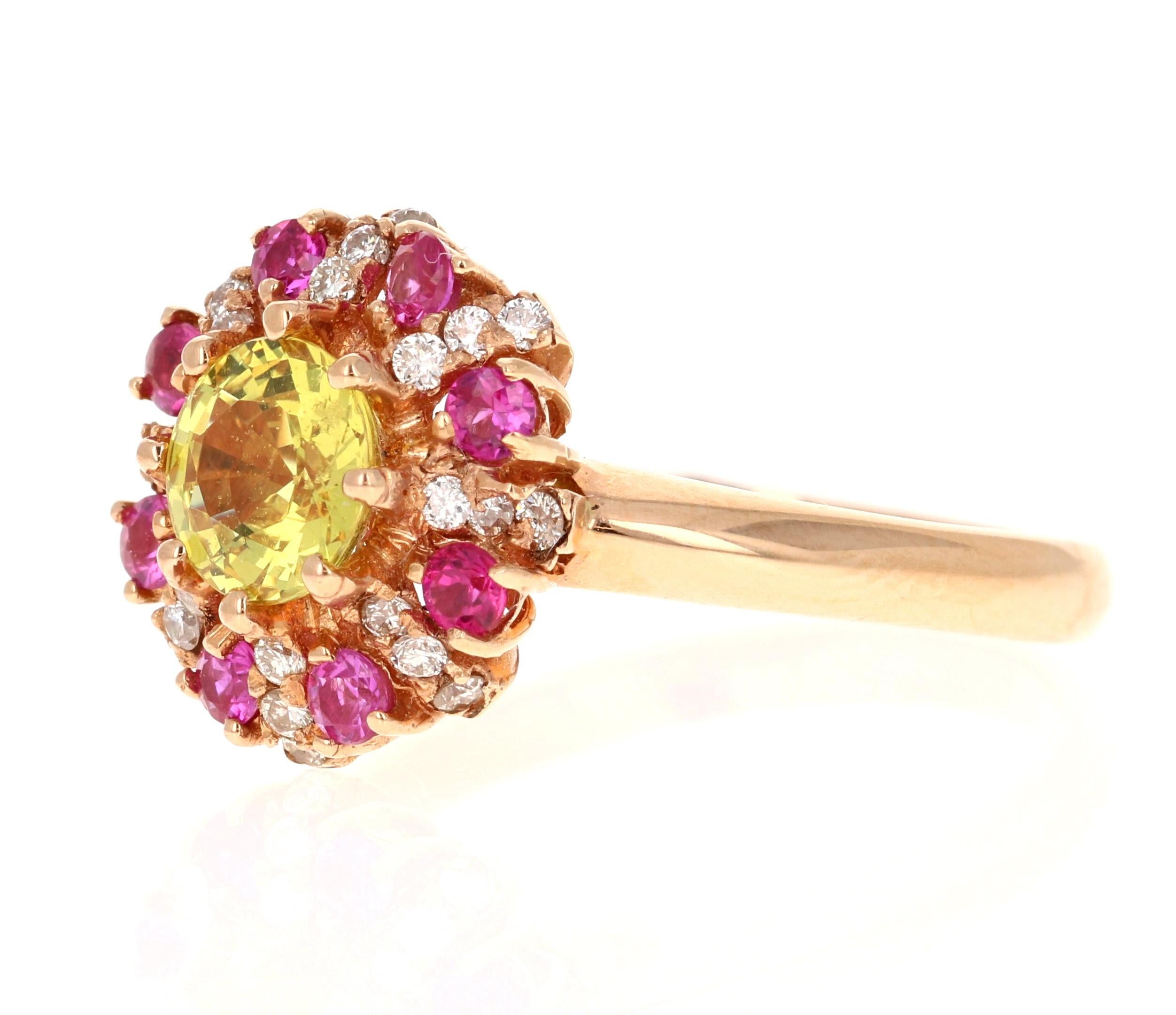 Contemporary 1.71 Carat Yellow Sapphire Pink Sapphire Diamond Rose Gold Ring For Sale