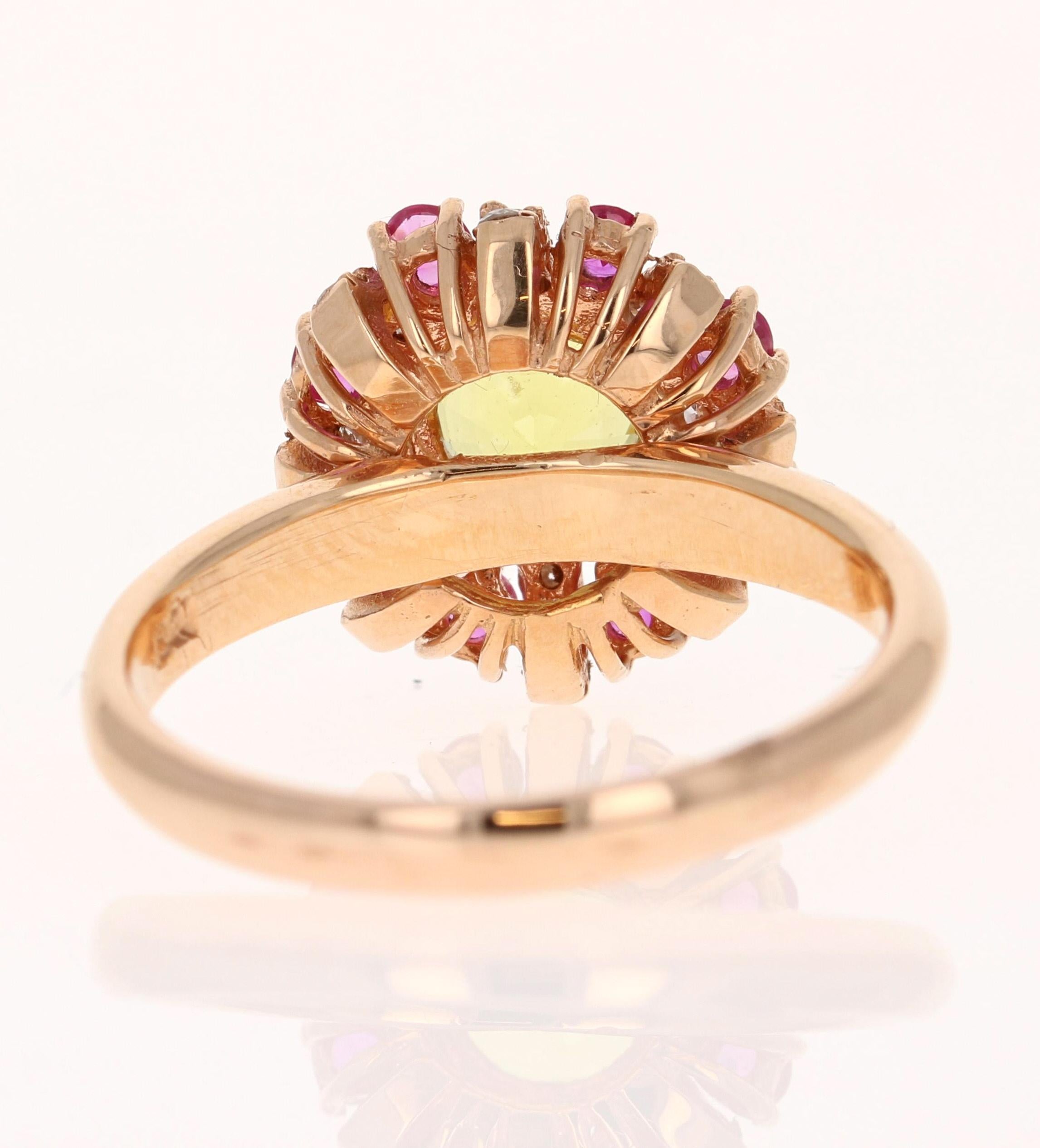 Round Cut 1.71 Carat Yellow Sapphire Pink Sapphire Diamond Rose Gold Ring For Sale