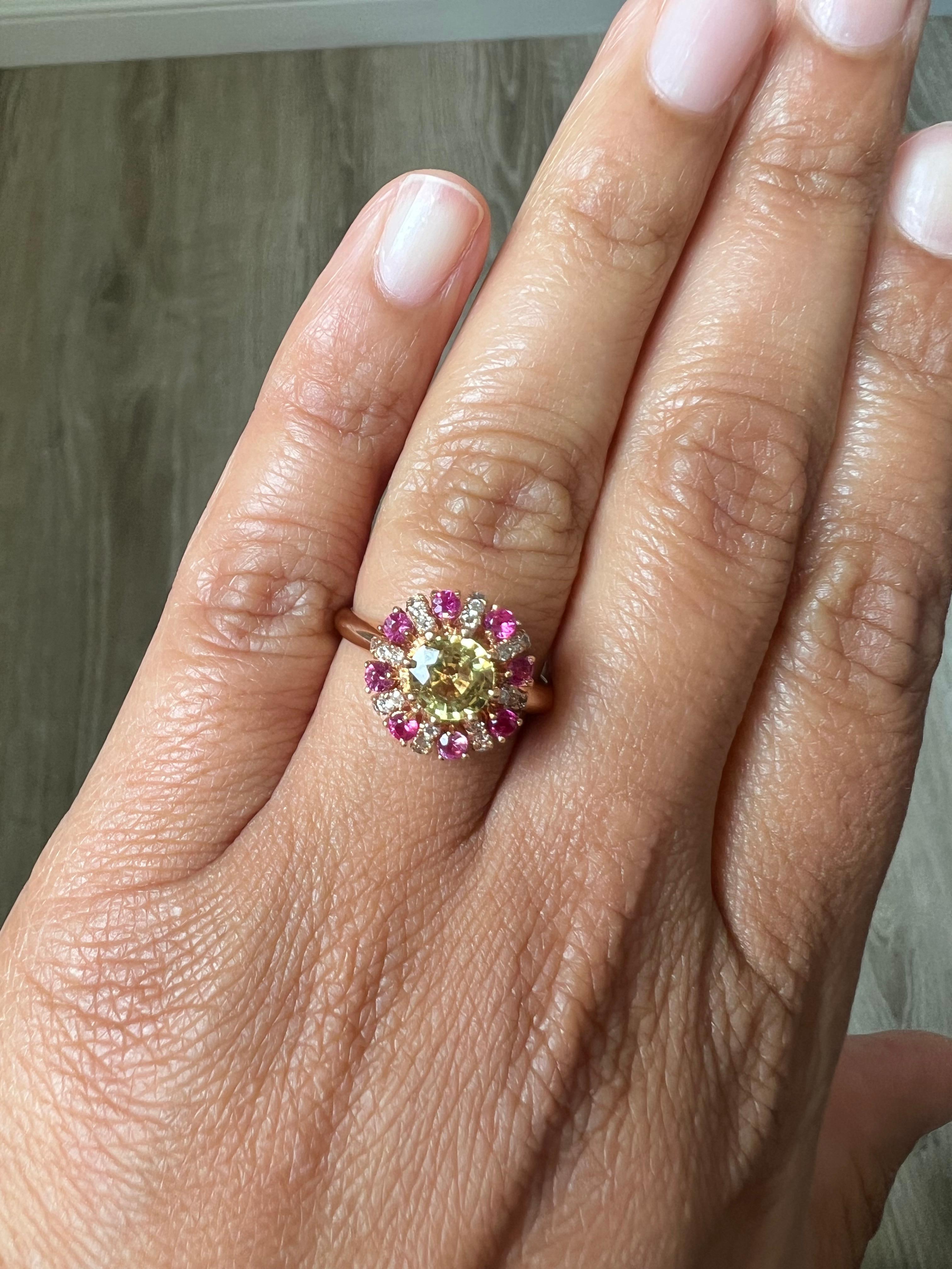 1.71 Carat Yellow Sapphire Pink Sapphire Diamond Rose Gold Ring In New Condition For Sale In Los Angeles, CA