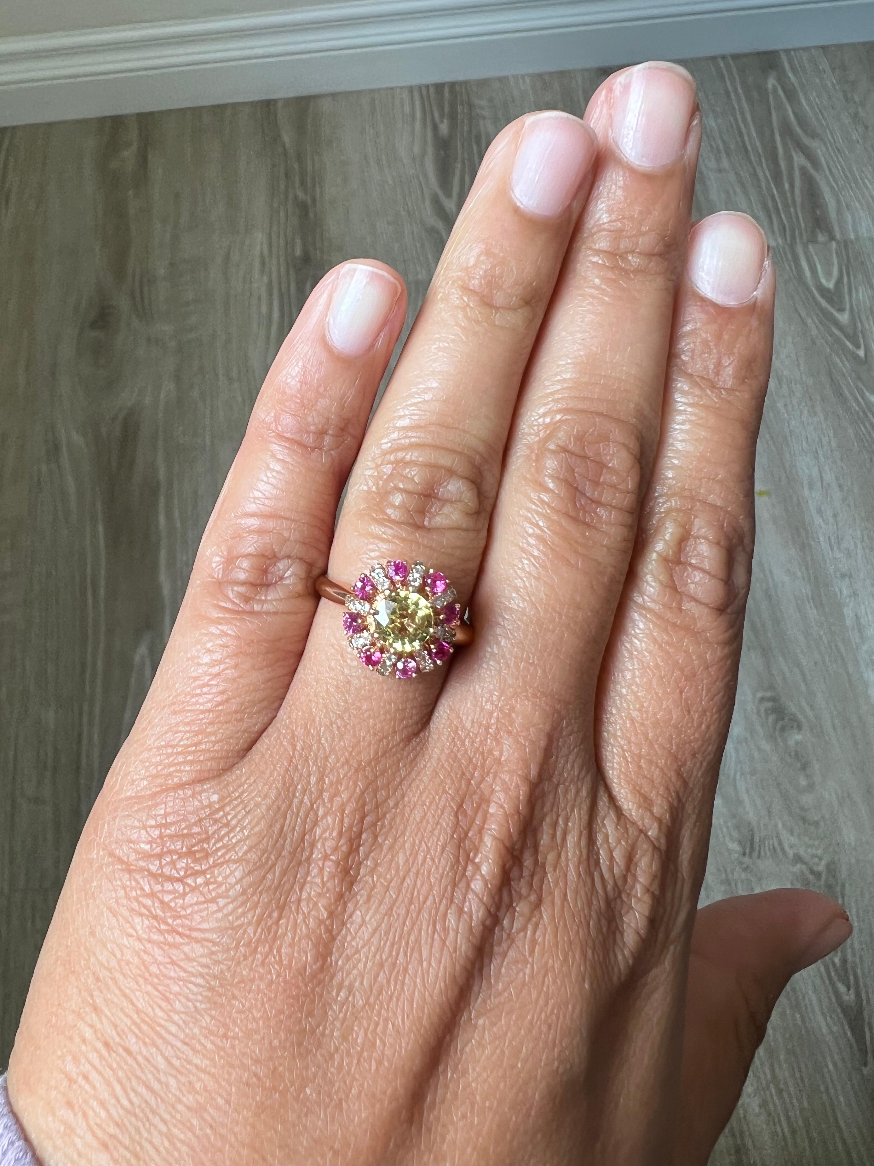 Women's 1.71 Carat Yellow Sapphire Pink Sapphire Diamond Rose Gold Ring For Sale