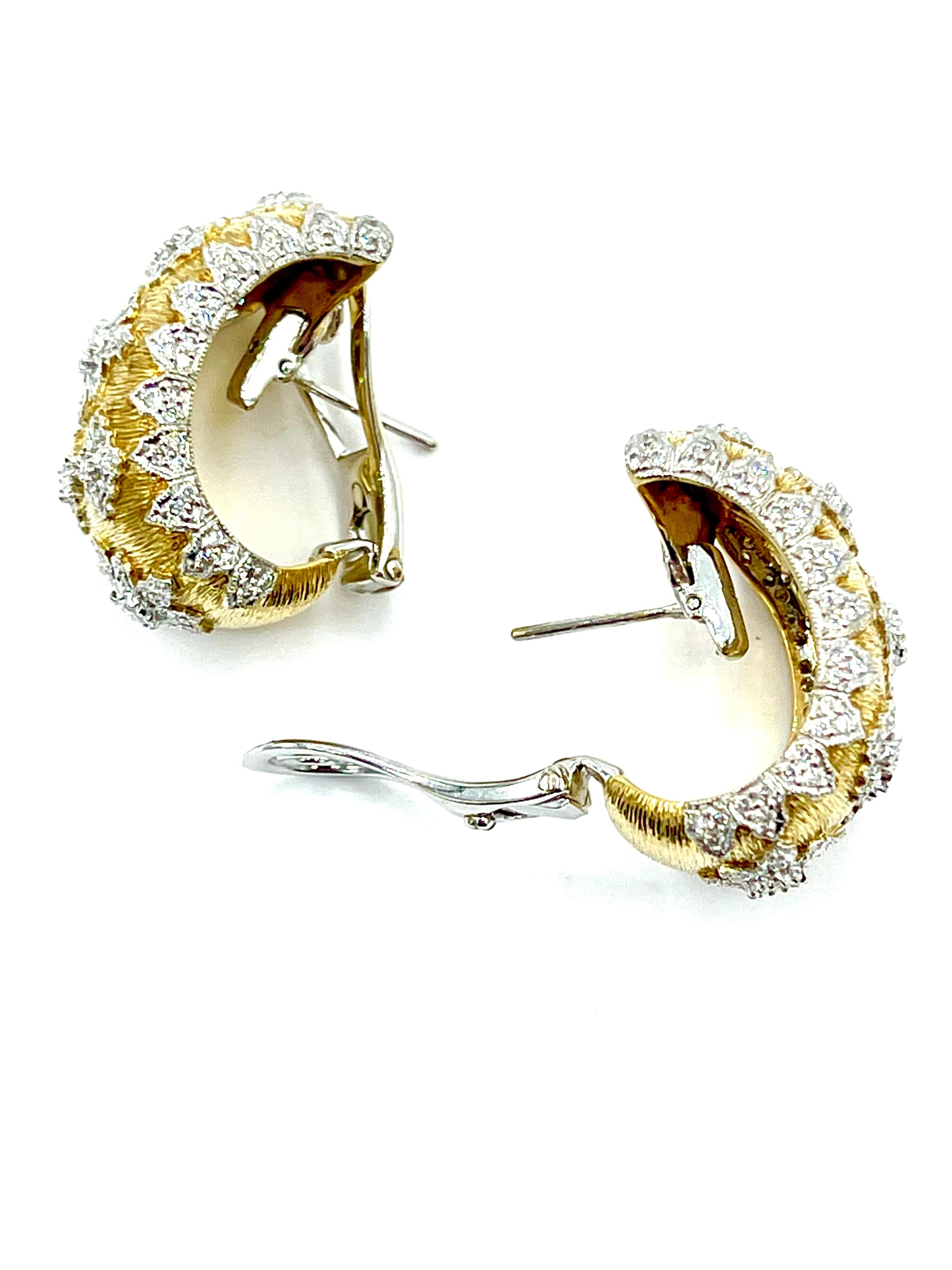 1.71 Carat Diamond and 18 Karat White and Yellow Gold Clip and Post Earrings 1