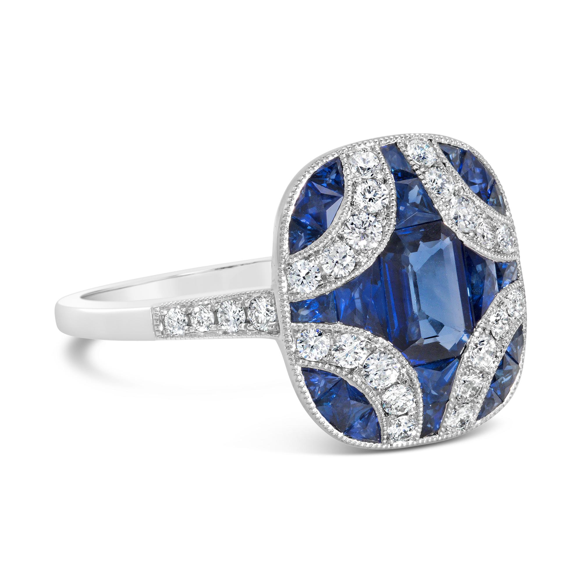 A gorgeous art deco fashion ring, featuring a 0.56 carat emerald cut blue sapphire, set on platinum. Surrounded by round brilliant cut diamonds weighing 0.29 carat total in a unique curved design that continue on to the shank in a half-way setting.