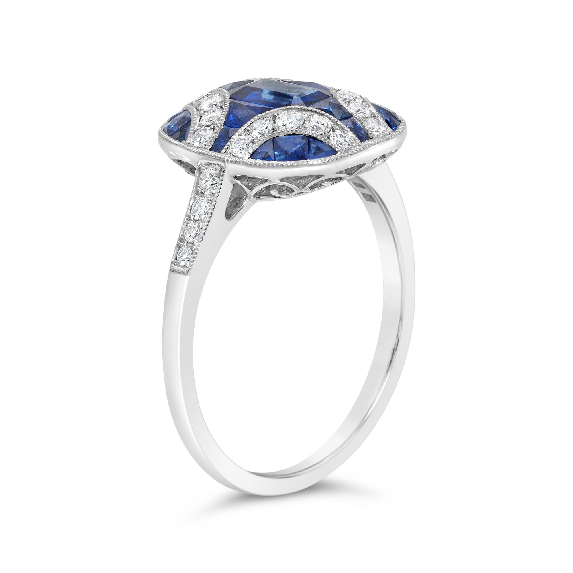 Art Deco Roman Malakov 1.44 Carats Total Blue Sapphire & Diamond Fashion Ring in Platinum For Sale