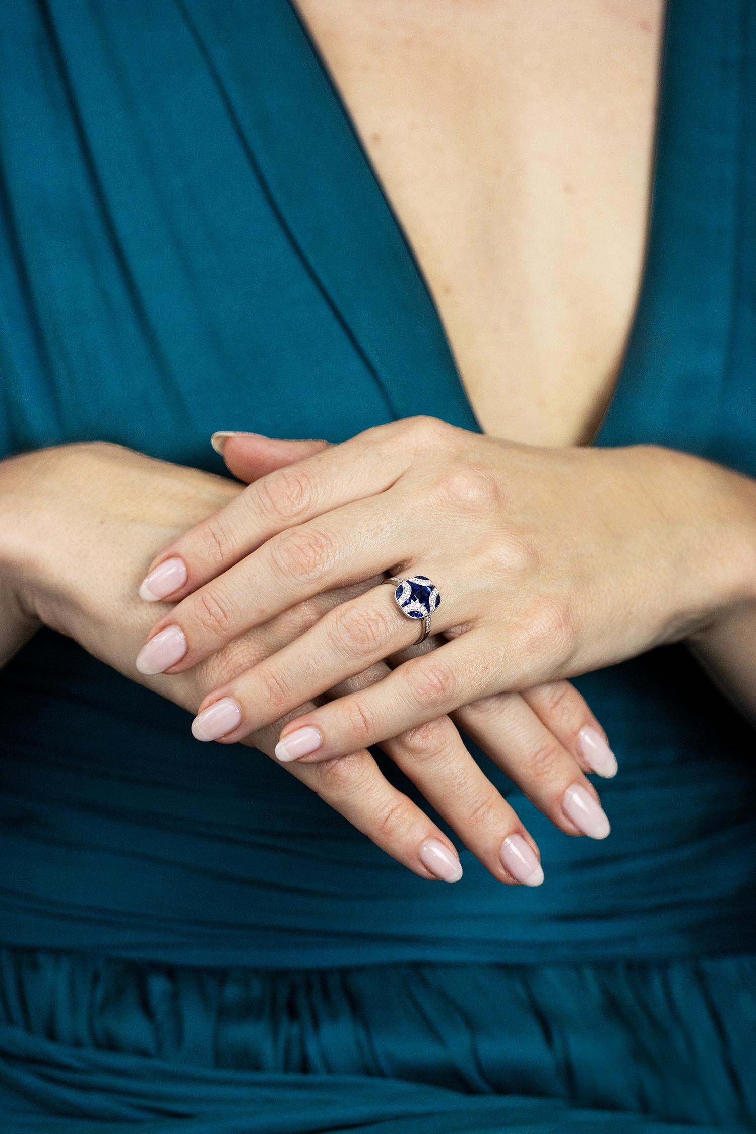 Roman Malakov 1.44 Carats Total Blue Sapphire & Diamond Fashion Ring in Platinum In New Condition For Sale In New York, NY