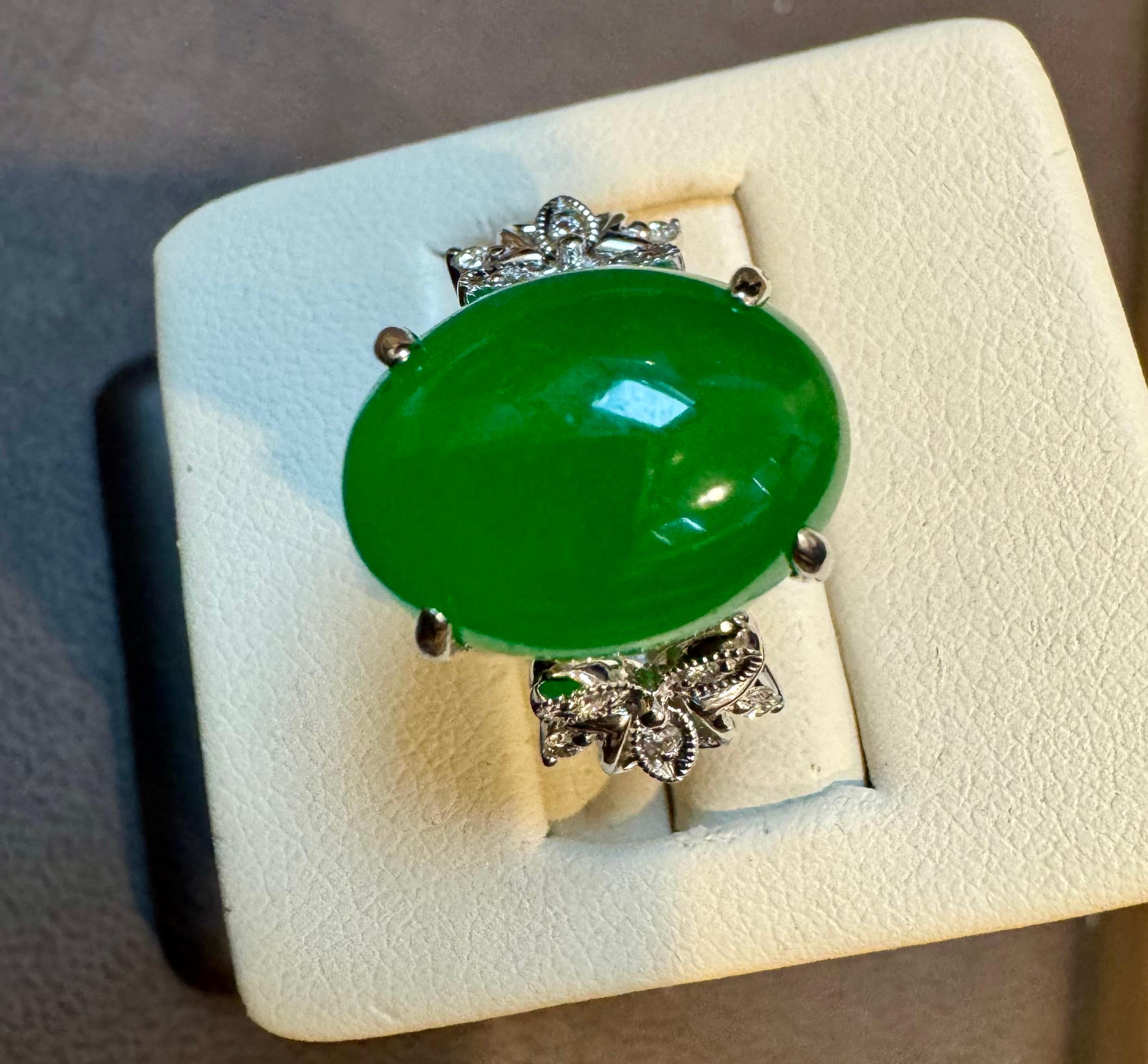 17.1 Ct Natural Jadeite Jade & Diamond Cocktail Ring 18 Kt White Gold Size 6.2 6