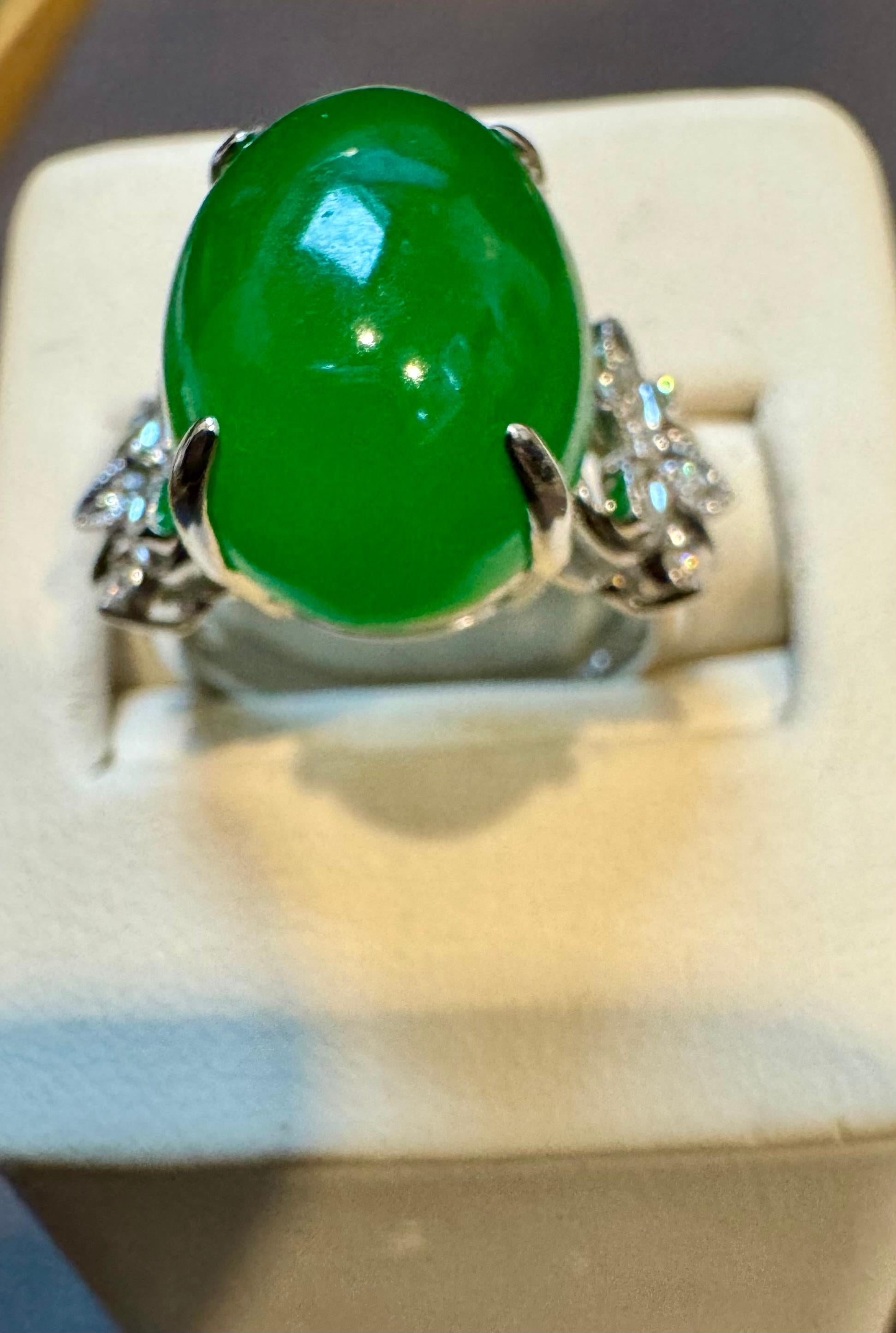 17.1 Ct Natural Jadeite Jade & Diamond Cocktail Ring 18 Kt White Gold Size 6.2 7