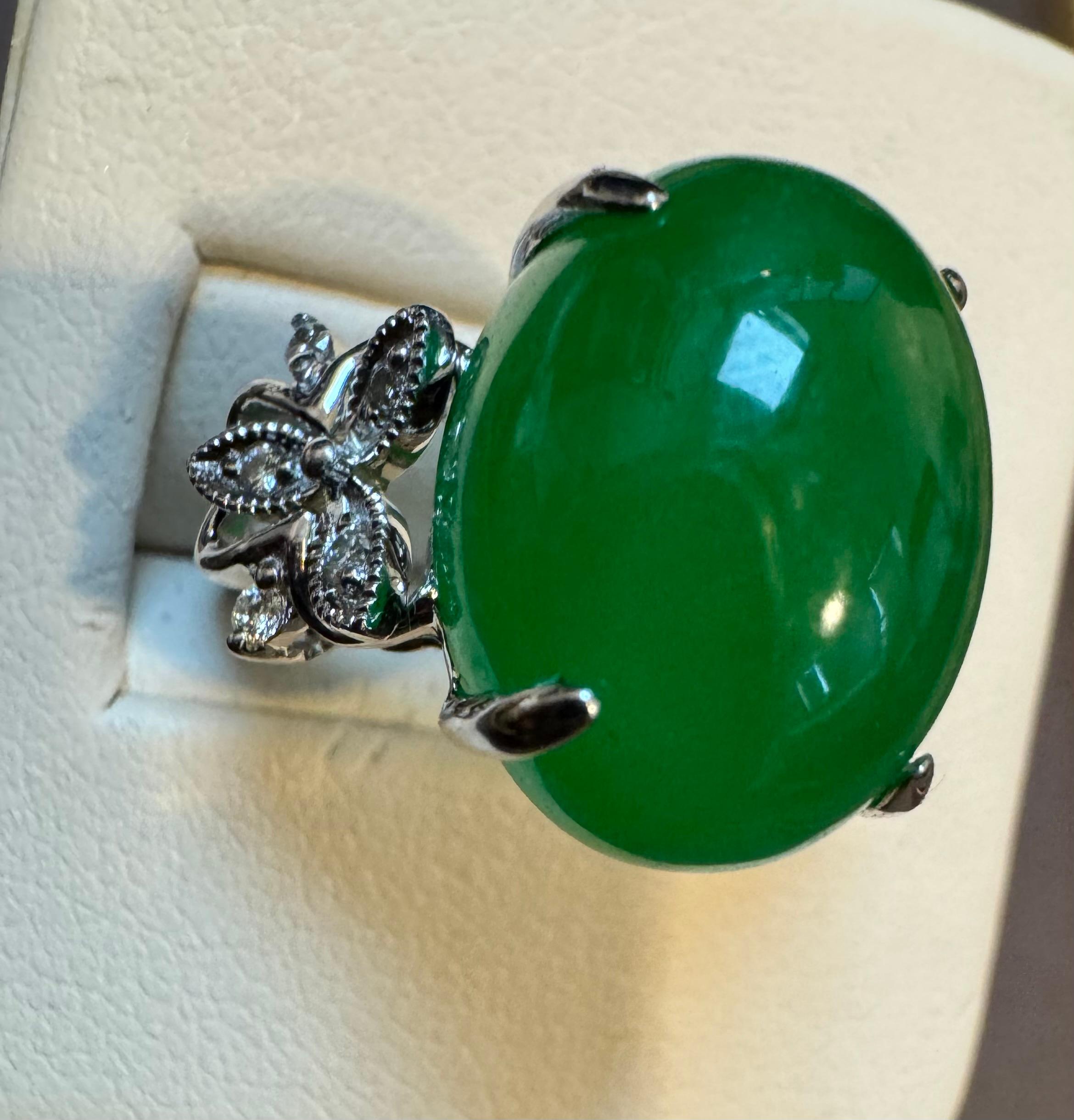 17.1 Ct Natural Jadeite Jade & Diamond Cocktail Ring 18 Kt White Gold Size 6.2 8