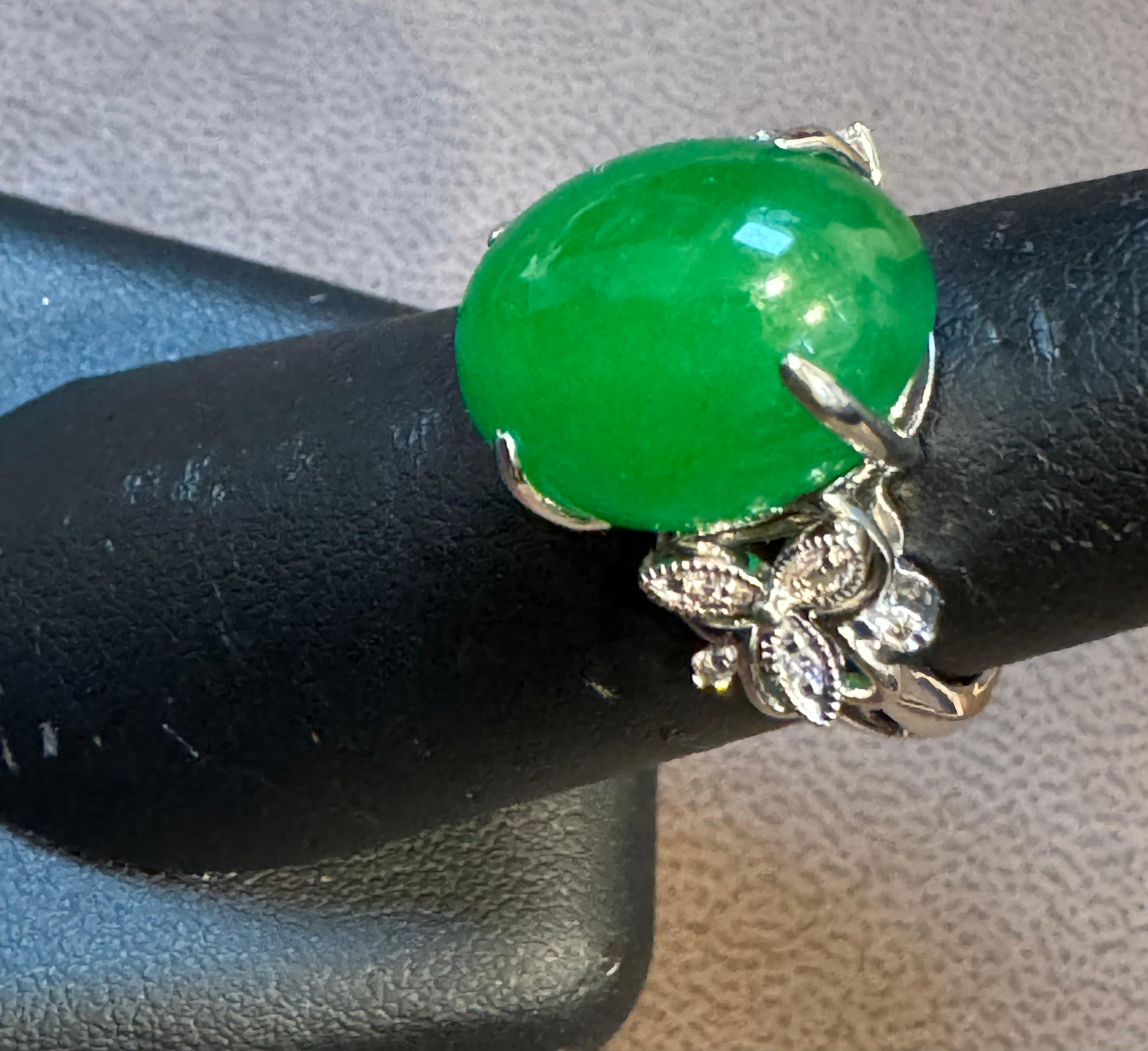 17.1 Ct Natural Jadeite Jade & Diamond Cocktail Ring 18 Kt White Gold Size 6.2 11