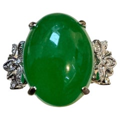 17.1 Ct Natural Jadeite Jade & Diamond Cocktail Ring 18 Kt White Gold Size 6.2