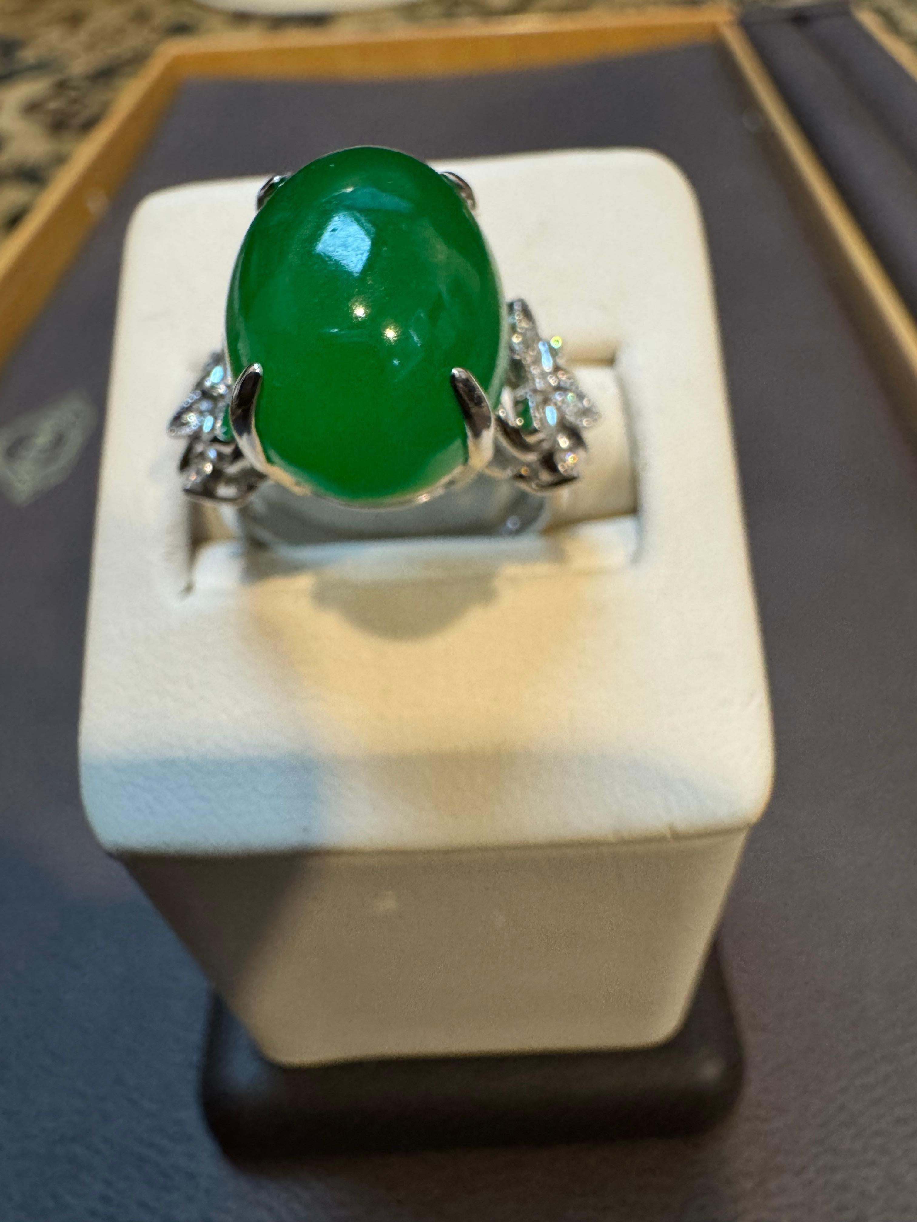 17.1 Ct Natural Jadeite Jade & Diamond Cocktail Ring 18 Kt White Gold Size 6.2 4