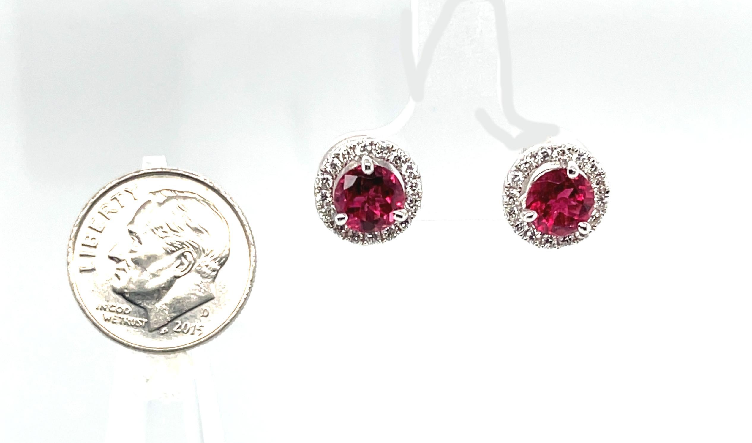 Artisan Red Rubellite Tourmaline and Diamond Halo Stud Earrings in 18k White Gold  For Sale
