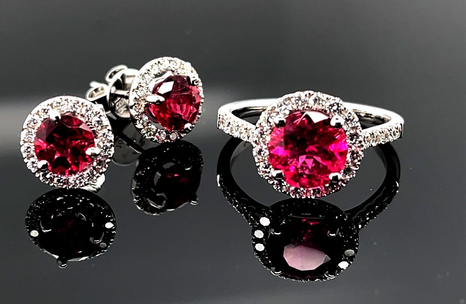 Round Cut Red Rubellite Tourmaline and Diamond Halo Stud Earrings in 18k White Gold  For Sale