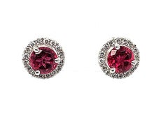Red Rubellite Tourmaline and Diamond Halo Stud Earrings in 18k White Gold