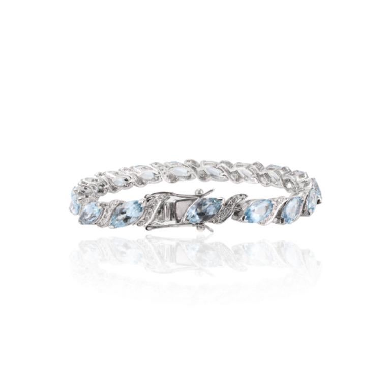 Art nouveau 17.1 CTW Aigue-marine Naturelle Diamant Bracelet de Tennis pour Maman en Argent Sterling en vente