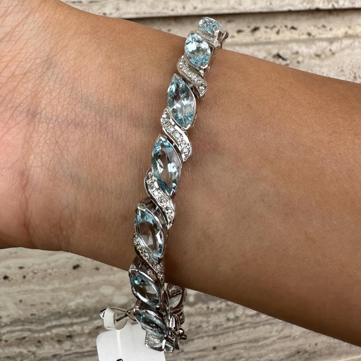 17.1 CTW Aigue-marine Naturelle Diamant Bracelet de Tennis pour Maman en Argent Sterling Pour femmes en vente