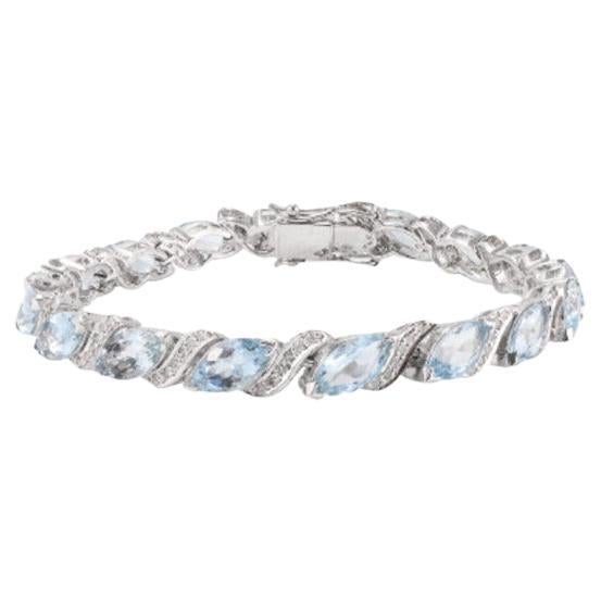 Bracelet tennis en argent sterling 925 avec aigue-marine naturelle et diamants 17,1 carats en vente