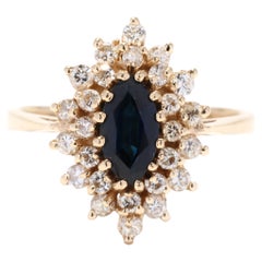 1.71 Ctw Sapphire Diamond Navette Ring, 14k Yellow Gold, Vintage