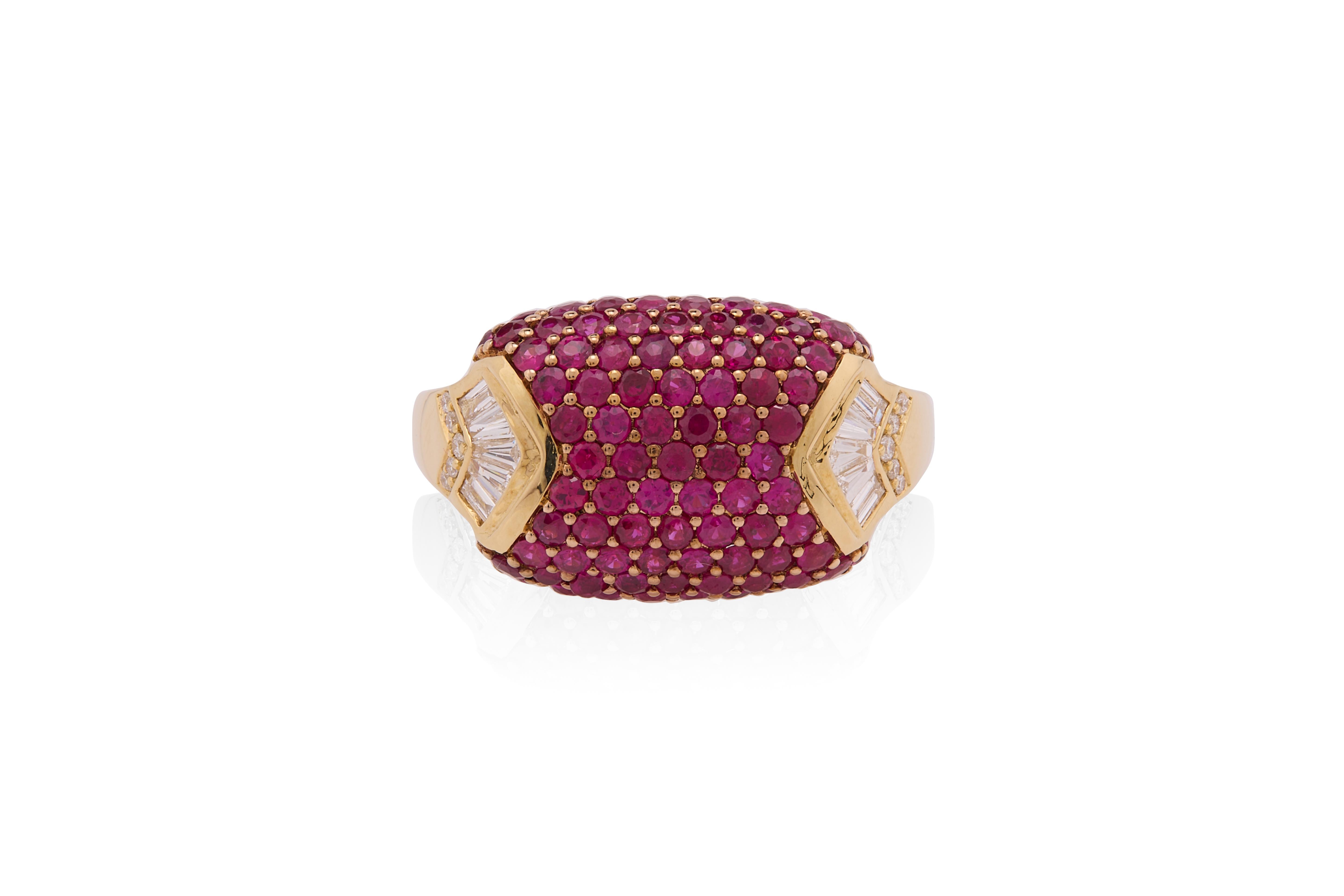 This stunning ring is a masterpiece of fine jewelry, featuring 1.710 carats of round-cut rubies arranged in a luxurious pavé setting. The rich, deep red hue of the rubies creates a striking visual appeal, seamlessly covering the domed surface of the
