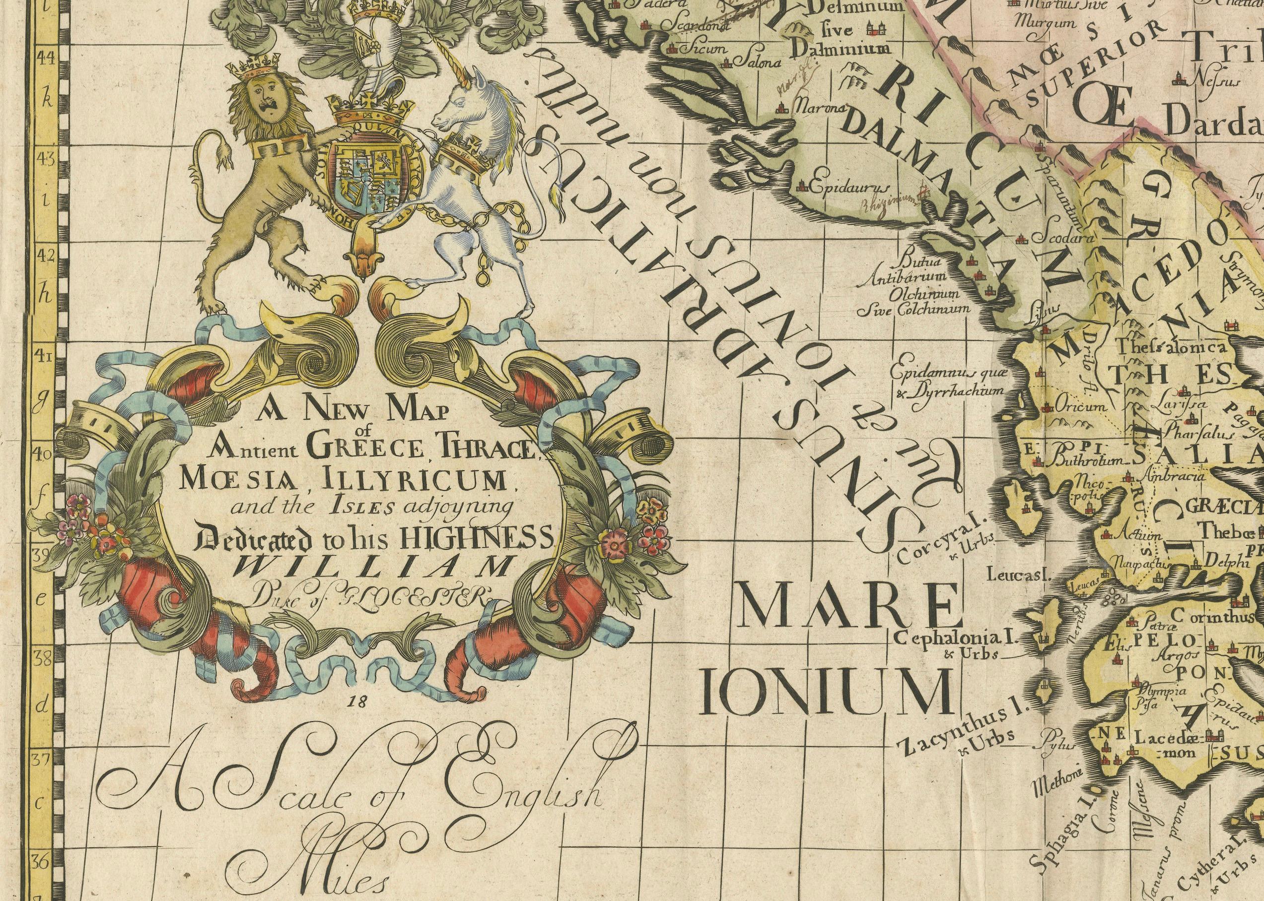 Edward Wells, 1710, carte détaillée de la Grèce antique avec cartouche orné en vente 1