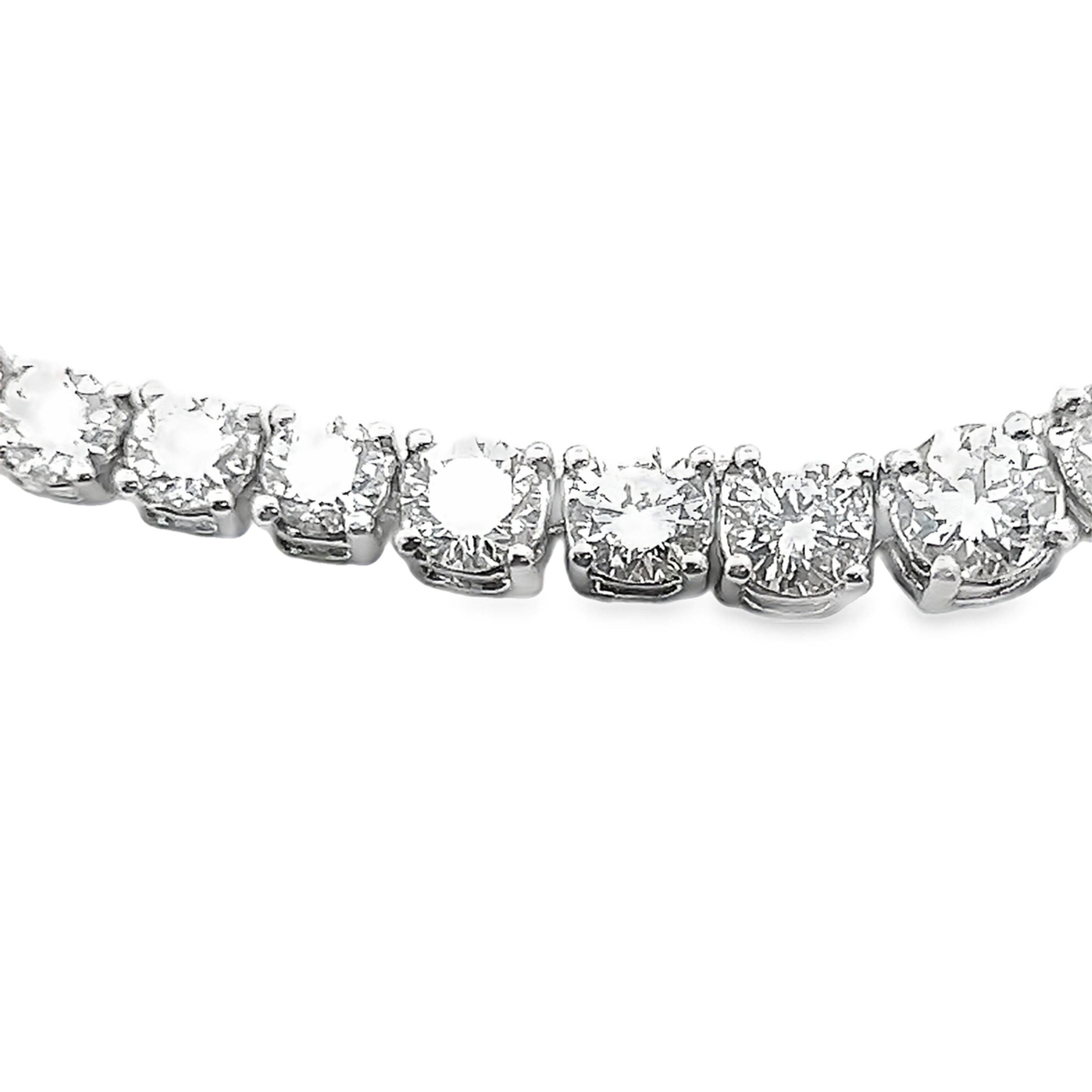 Round Cut 17.11 Carat Round Brilliant Diamond 18K White Gold Riviera Tennis Necklace For Sale