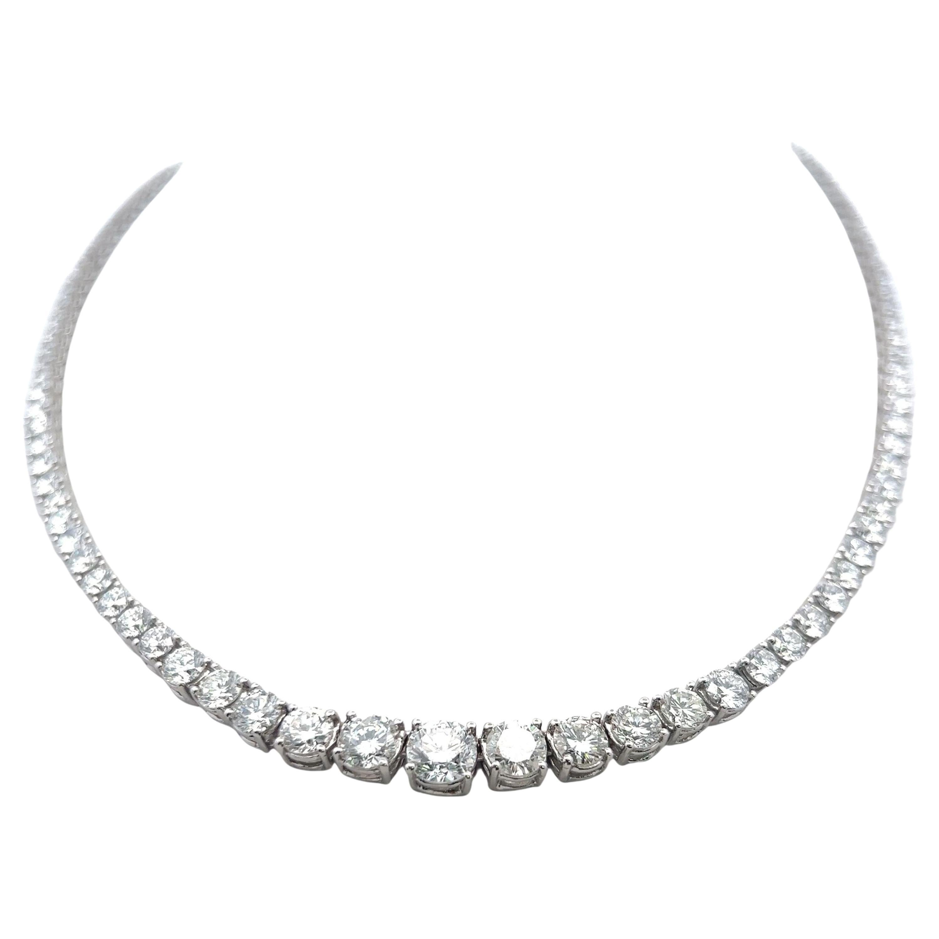 17.11 Carat Round Brilliant Diamond 18K White Gold Riviera Tennis Necklace For Sale