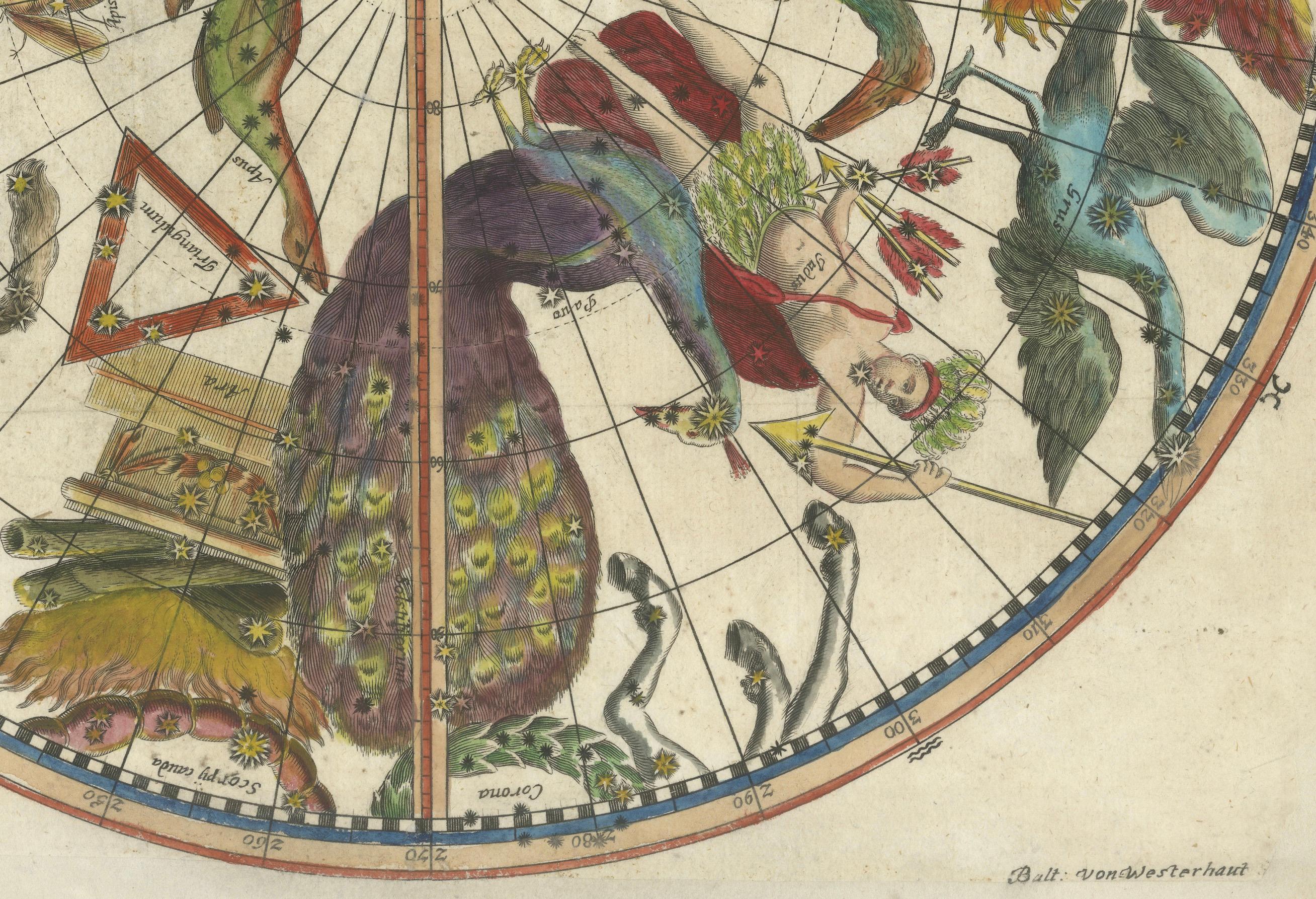 Début du XVIIIe siècle Carte du ciel du Sud avec constellations mythiques et animaux exotiques, 1711 en vente