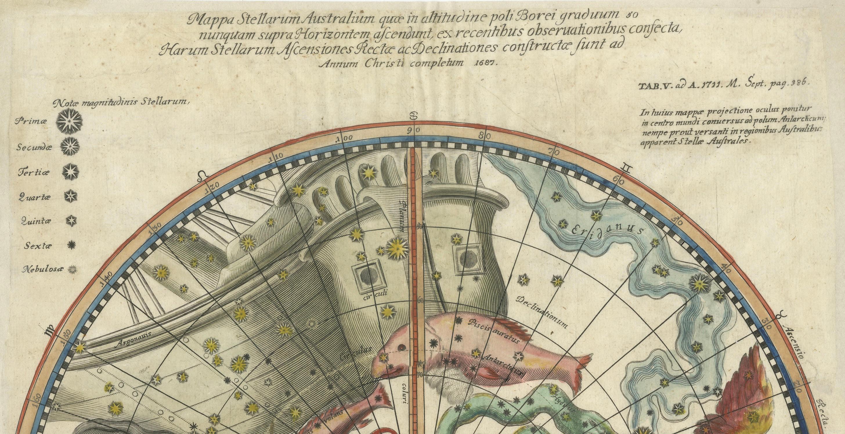 Papier Carte du ciel du Sud avec constellations mythiques et animaux exotiques, 1711 en vente