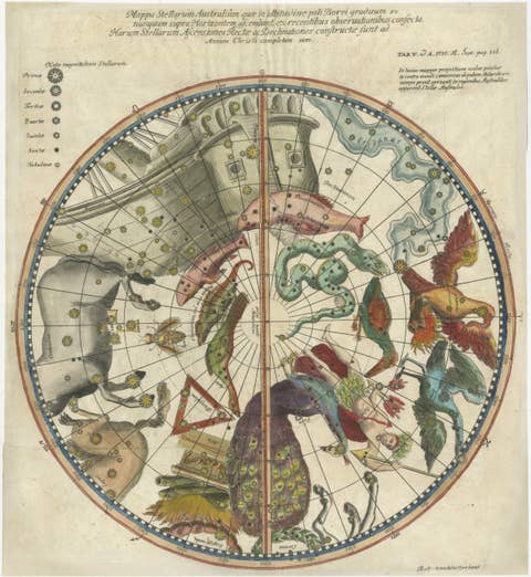 1711 Star Chart of Southern Sky with Mythical Constellations and Exotic Animals