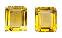 17.12 Carats Total Emerald Cut Citrine Stud Earrings in 14 Karat Yellow Gold