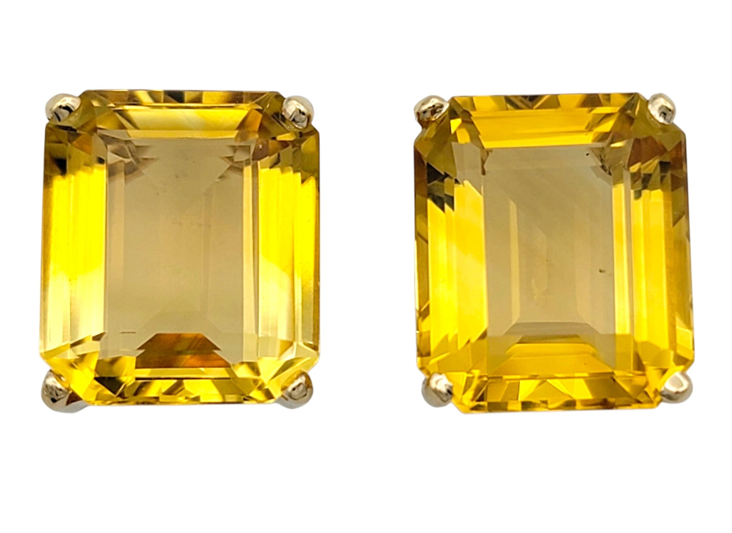 Contemporain 17.12 Carats Total Emerald Cut Citrine Stud Earrings in 14 Karat Yellow Gold en vente