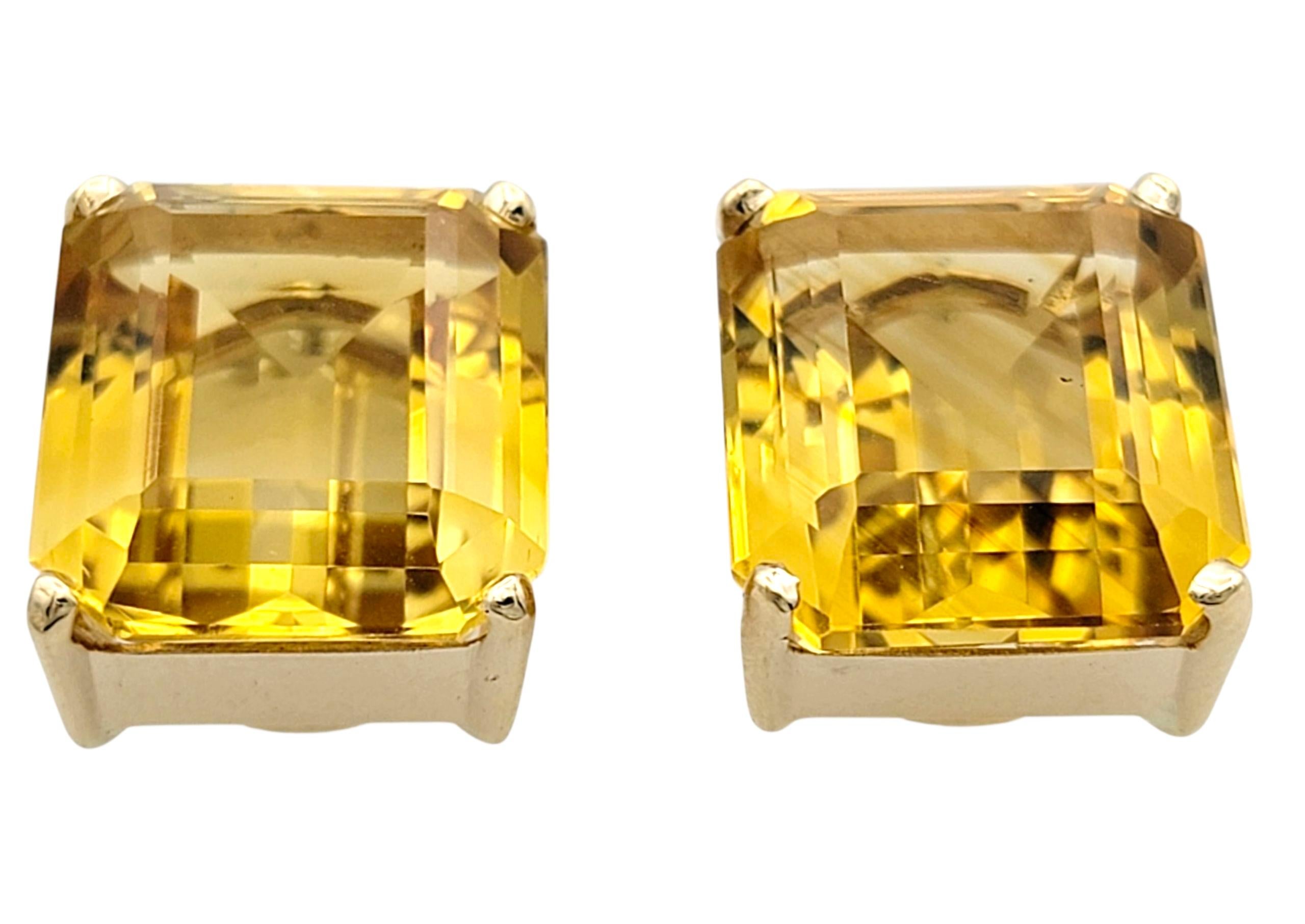 Taille émeraude 17.12 Carats Total Emerald Cut Citrine Stud Earrings in 14 Karat Yellow Gold en vente