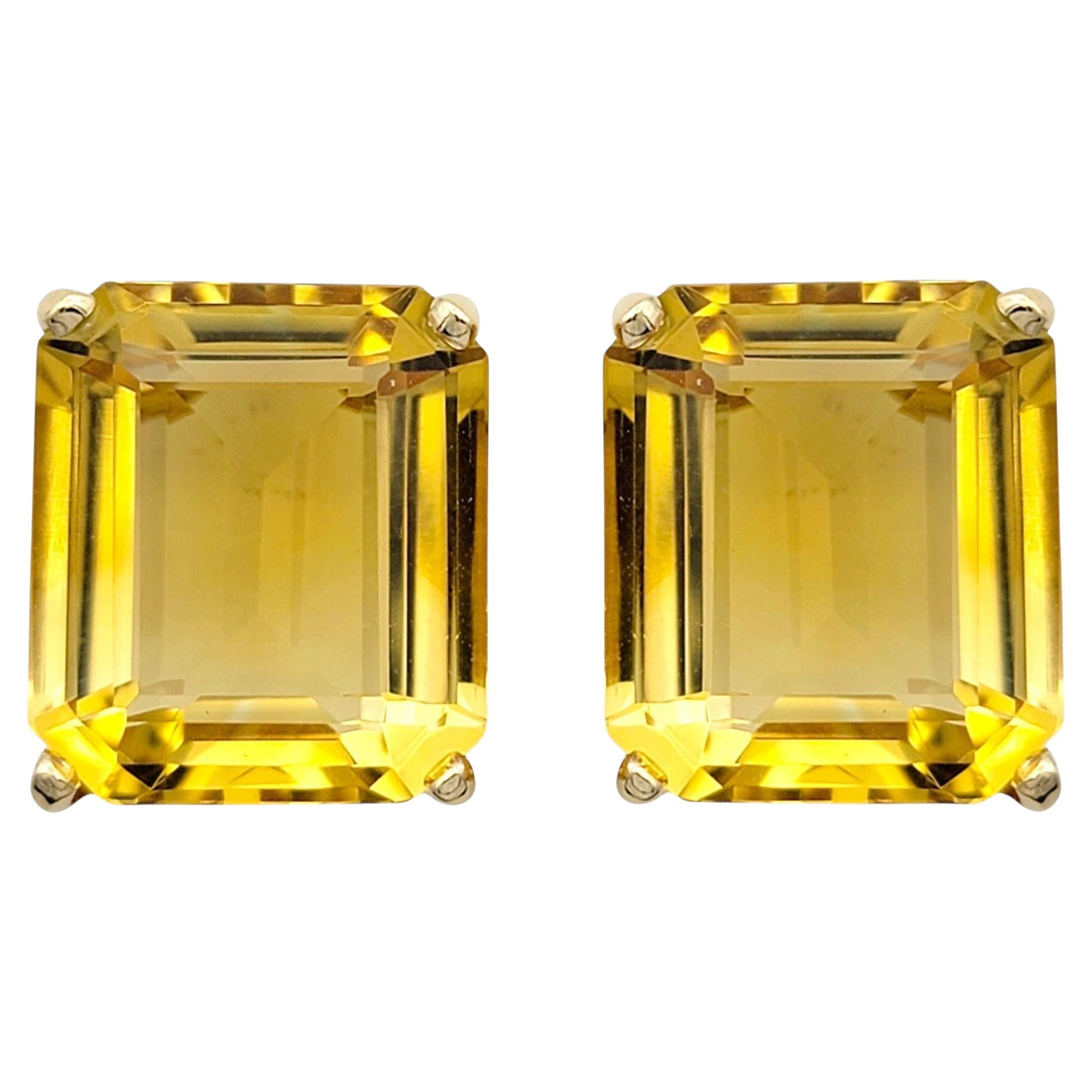 17.12 Carats Total Emerald Cut Citrine Stud Earrings in 14 Karat Yellow Gold en vente
