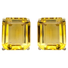 17.12 Carats Total Emerald Cut Citrine Stud Earrings in 14 Karat Yellow Gold
