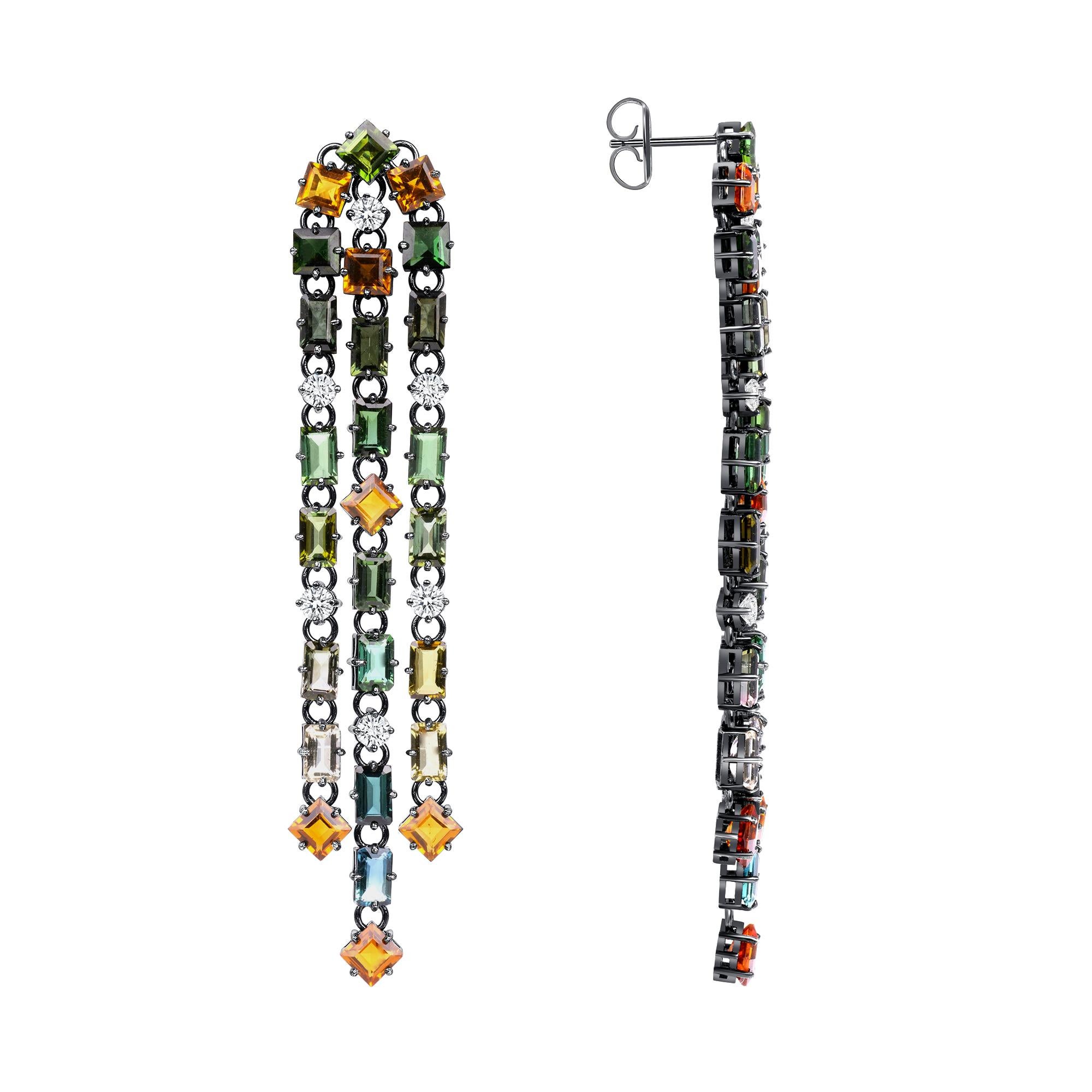 17.124 Carat Tourmaline, Citrine, Diamond, Gold Dangle Earrings, In Stock.
These waterfall dangle earrings are made with 17.124 carat total weight square cut tourmalines, 3.416 carat total weight square cut citrines, 1.12-carat total weight