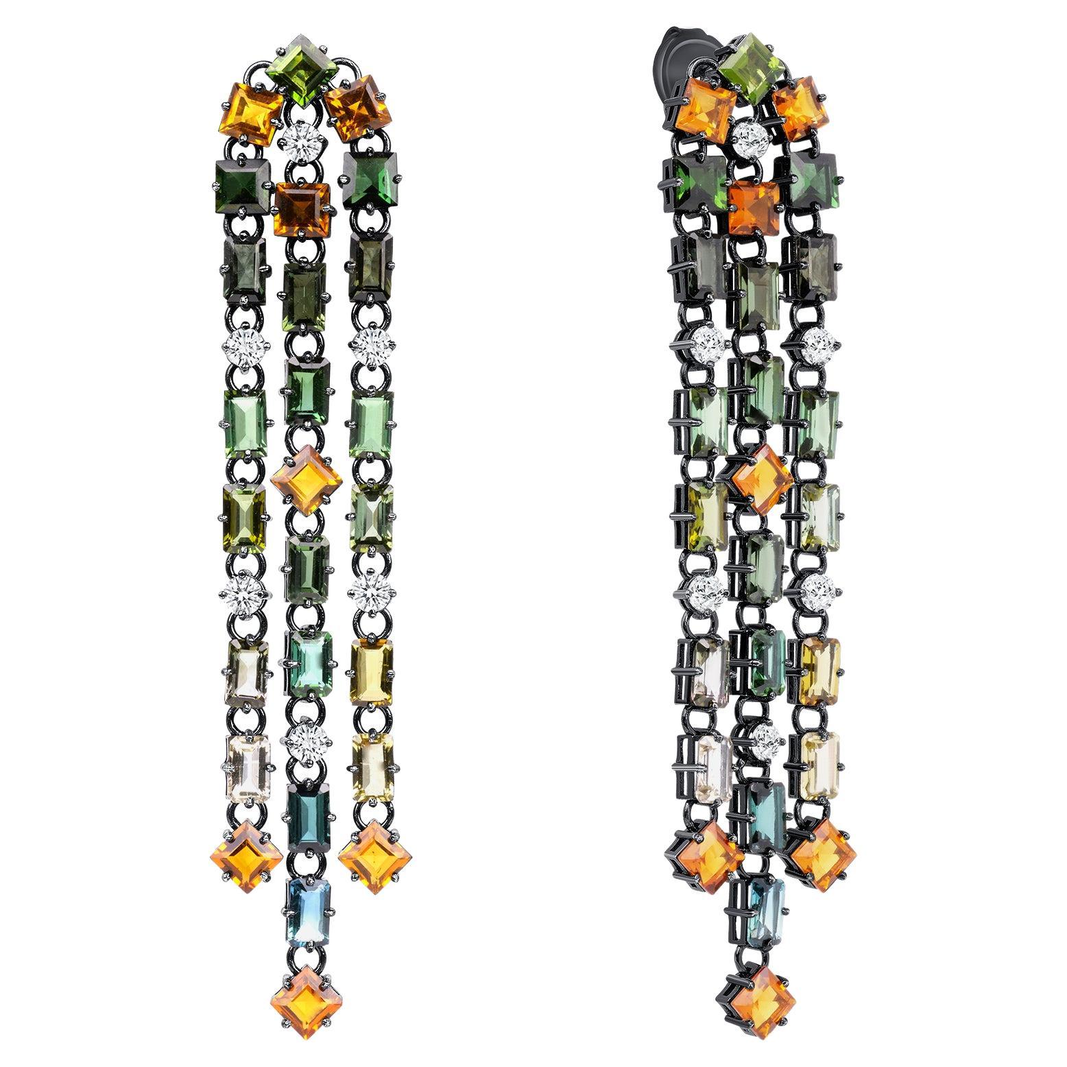 17.124 Carat Tourmaline, Citrine, Diamond, Gold Dangle Earrings, in Stock