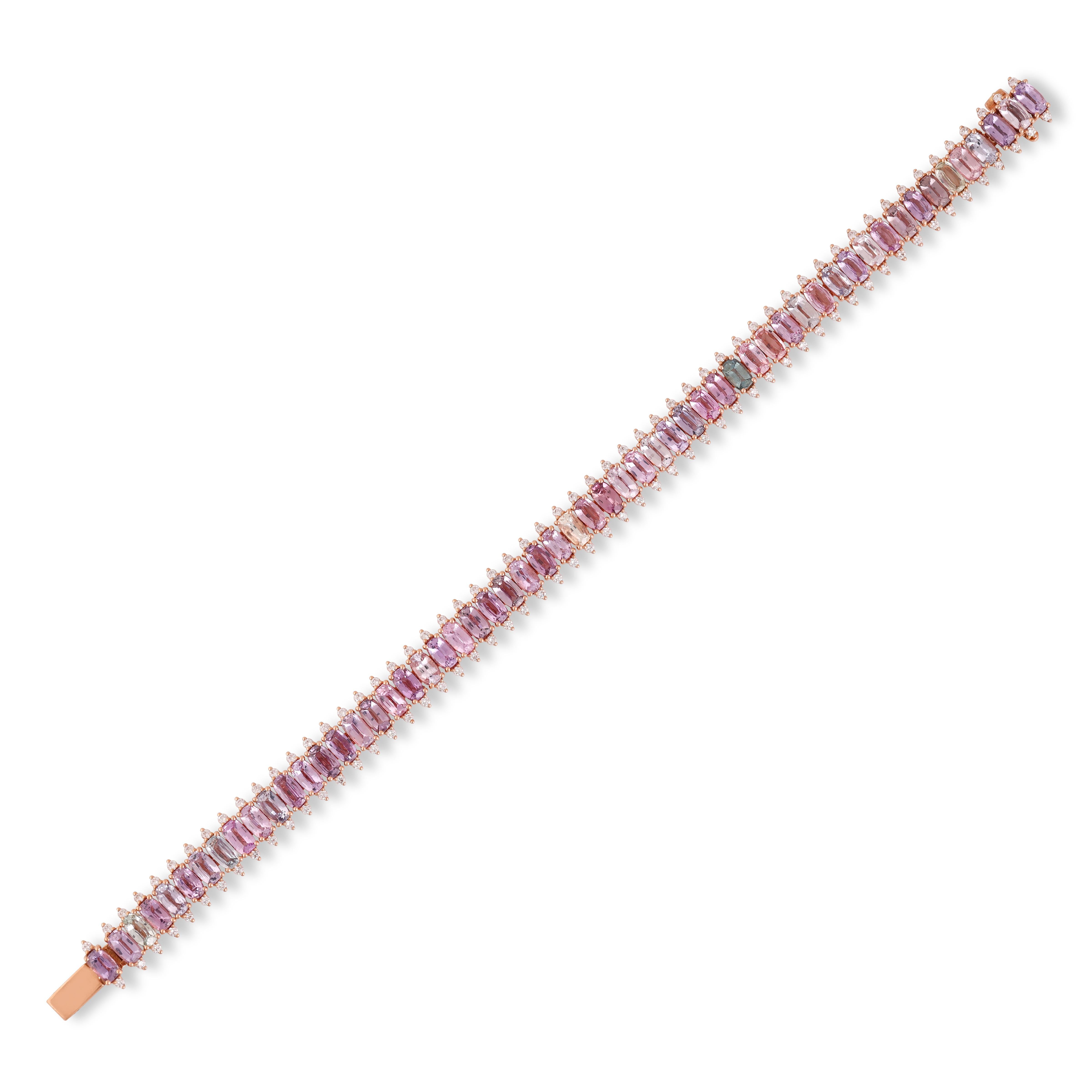Cushion Cut 17.14 Carat Multi Sapphire and Diamond Tennies Bracelet  in 18k Rose Gold For Sale
