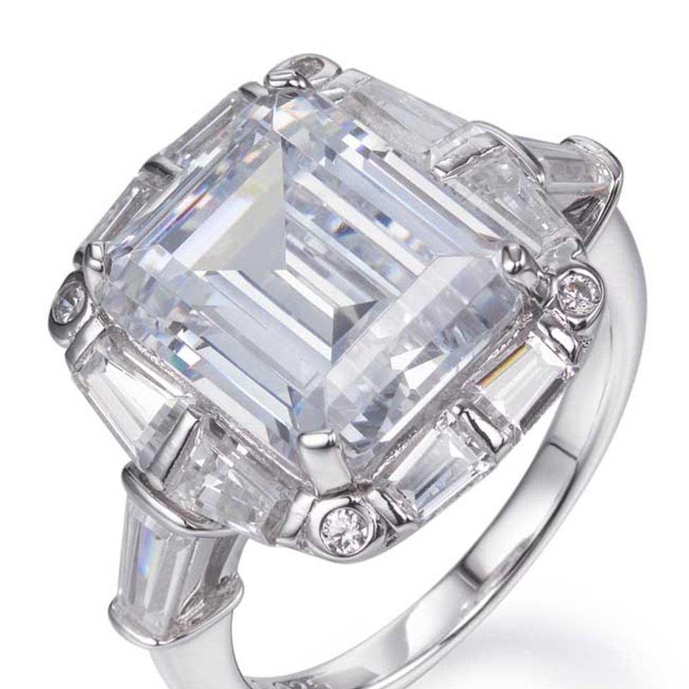 emerald cut cubic zirconia ring with baguettes
