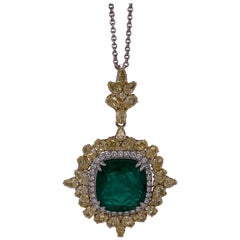 17.16 Carat Emerald with White and Yellow Diamond Halo Pendant