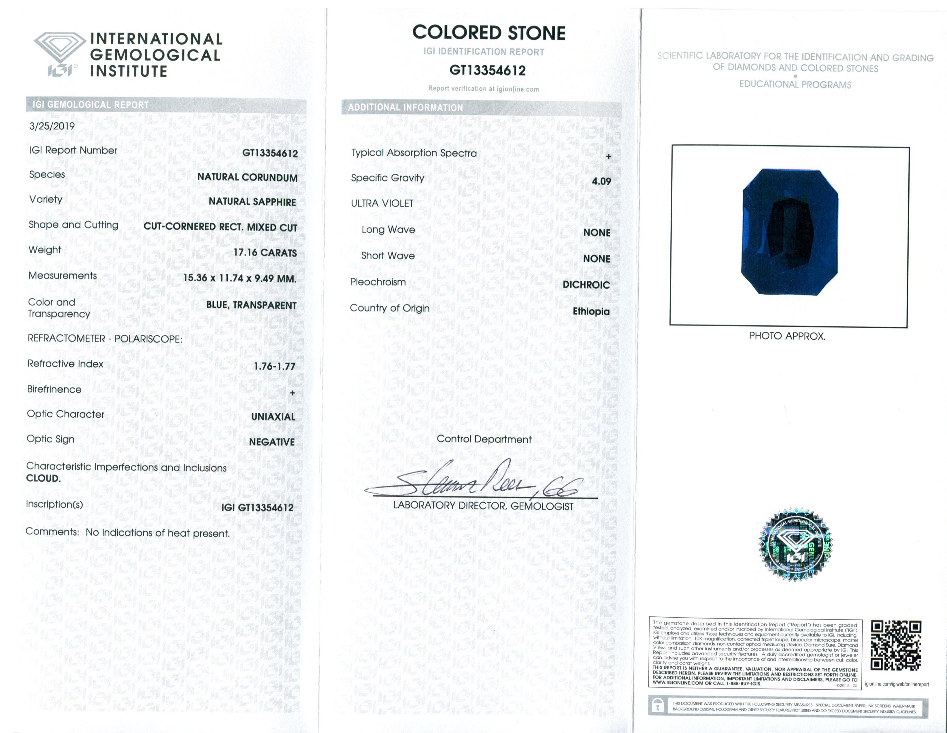 17.16 Ct Sapphire Emerald Cut IGI Certified Ethiopian, Unheated In New Condition In Toronto, Ontario