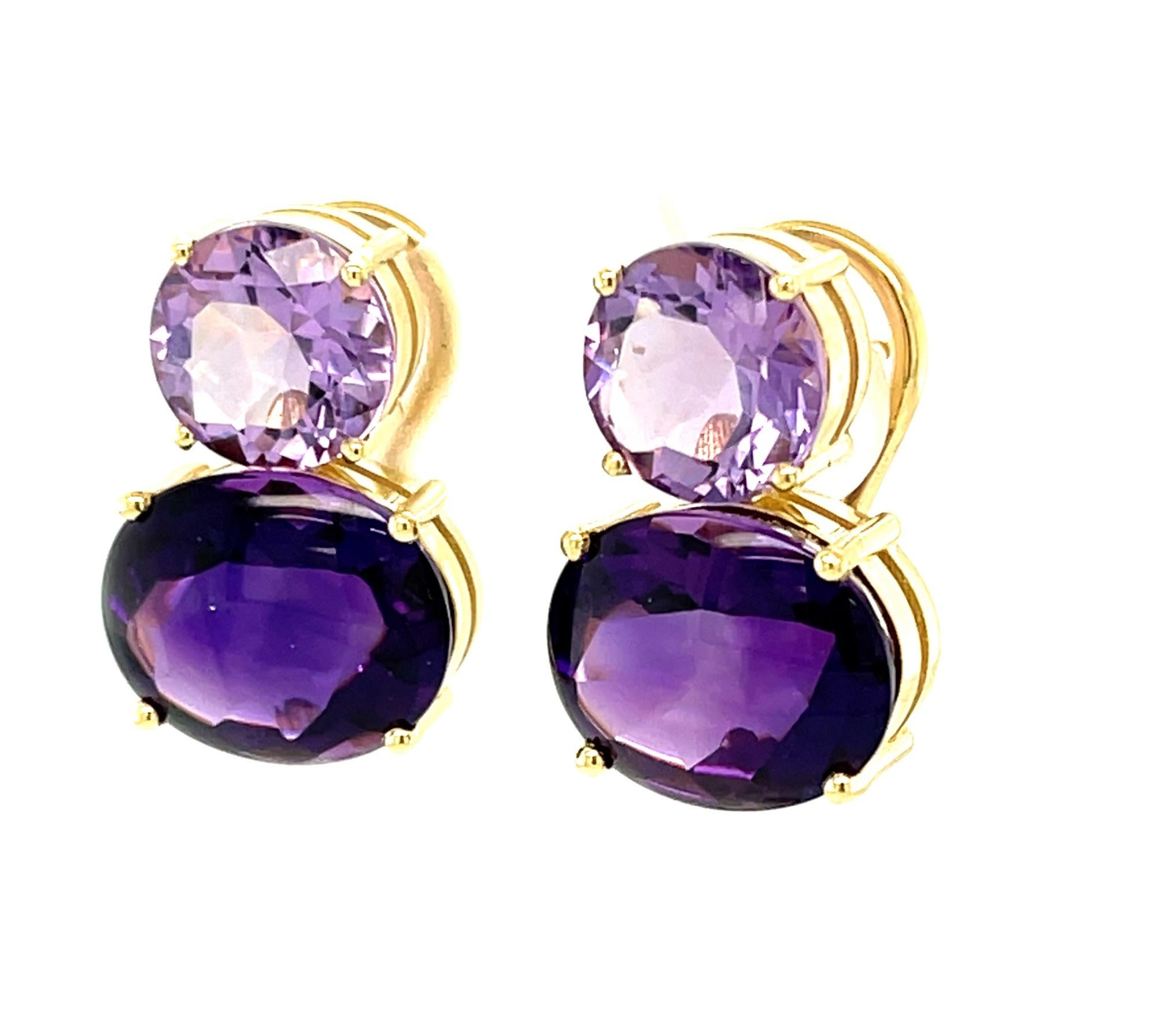 Artisan 17.17 Carats Total Amethyst Earrings in Yellow Gold with Omega French Clips For Sale