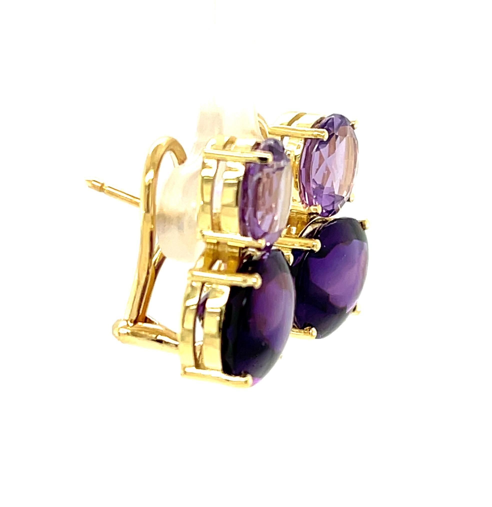 Oval Cut 17.17 Carats Total Amethyst Earrings in Yellow Gold with Omega French Clips For Sale