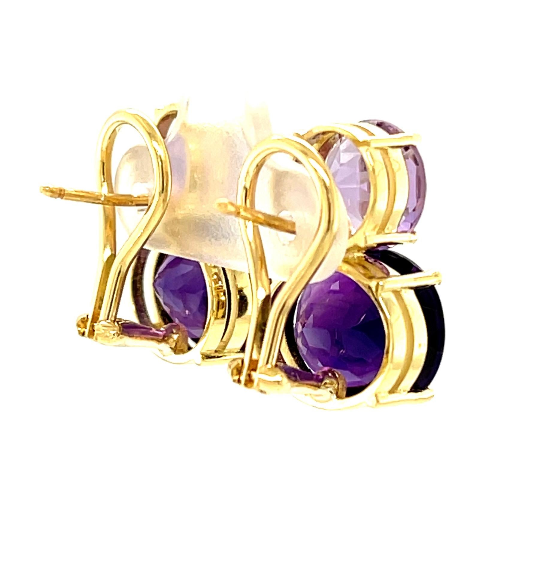 17.17 Carats Total Amethyst Earrings in Yellow Gold with Omega French Clips In New Condition For Sale In Los Angeles, CA