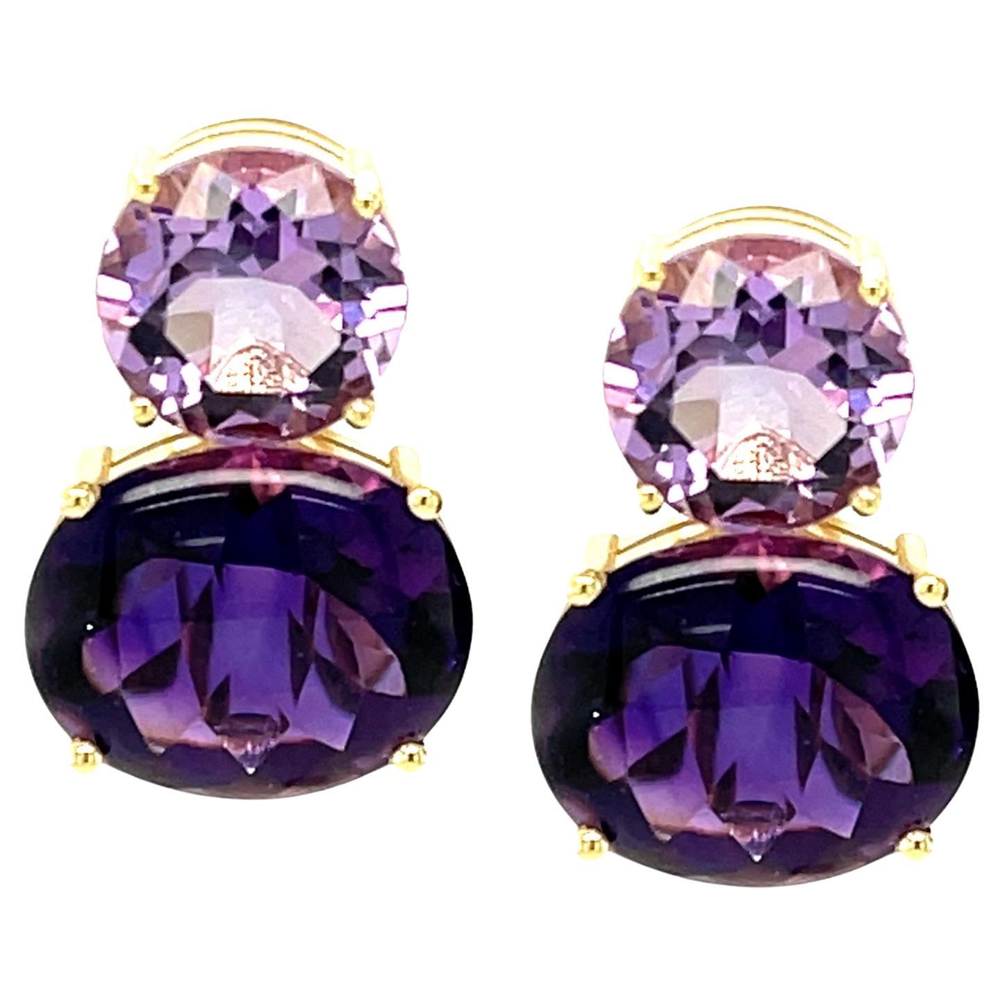 17.17 Carats Total Amethyst Earrings in Yellow Gold with Omega French Clips For Sale
