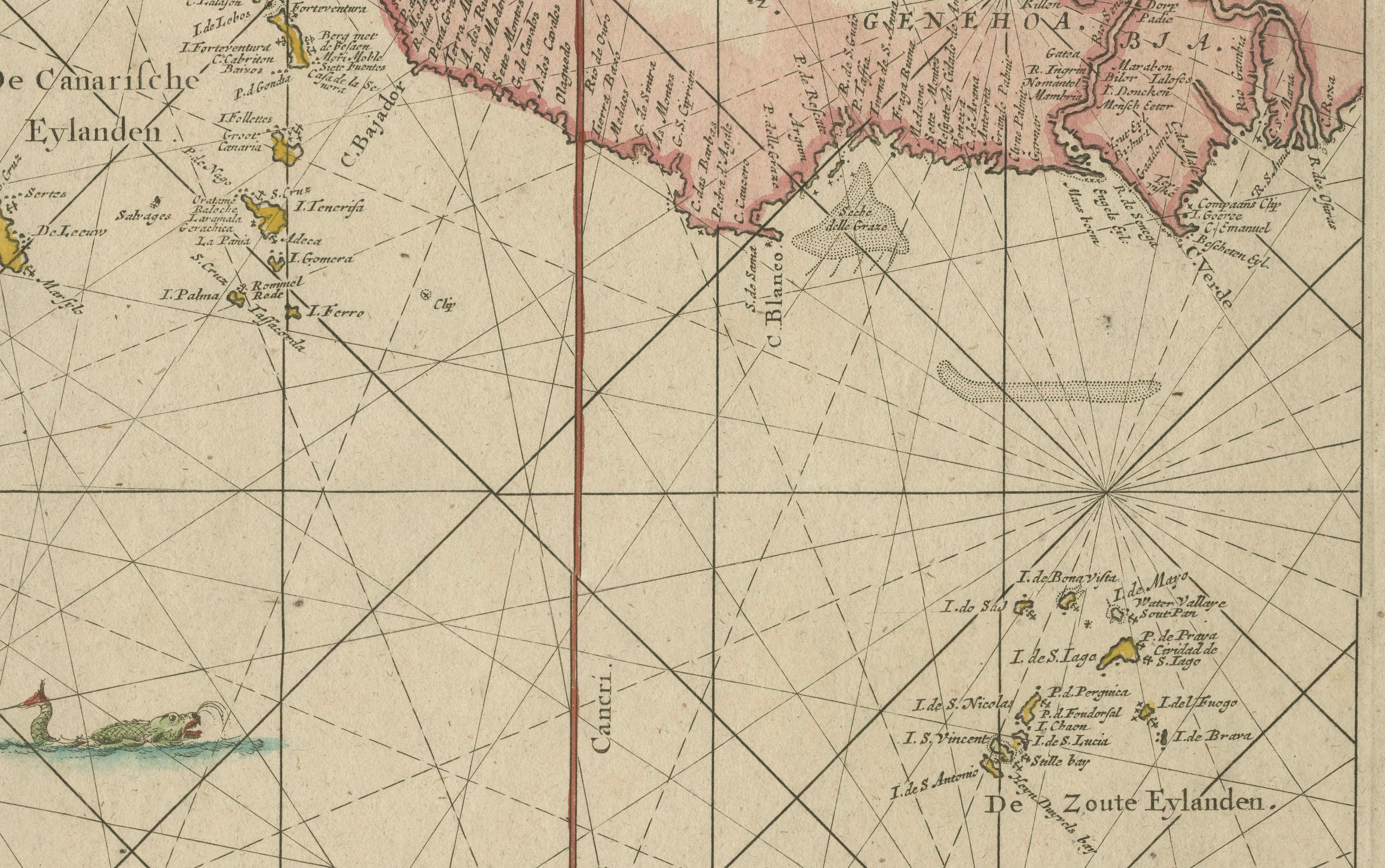 Gravé 1717 Johannes van Keulen Carte marine de l'Atlantique oriental - d'Amsterdam à la Gambie en vente