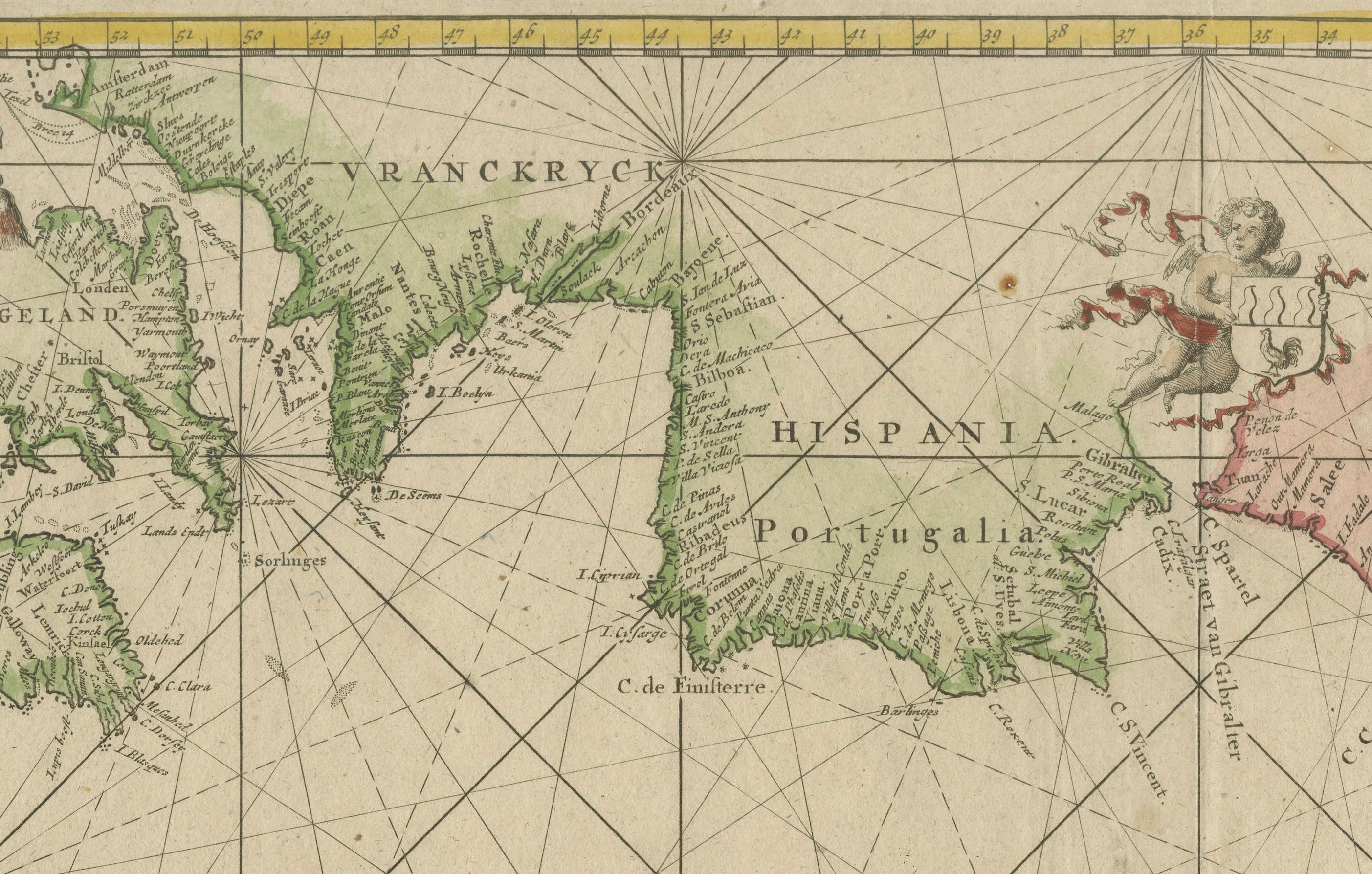Début du XVIIIe siècle 1717 Johannes van Keulen Carte marine de l'Atlantique oriental - d'Amsterdam à la Gambie en vente