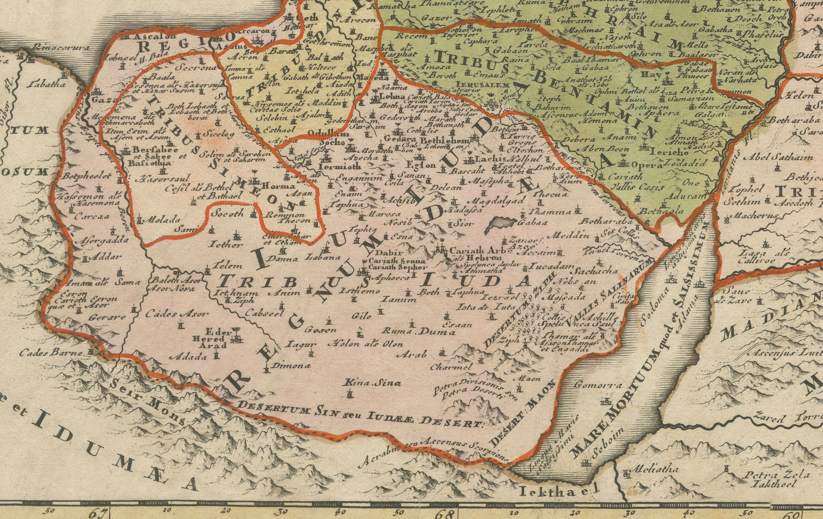Carte ancienne de la Terre Sainte - douze tribus, six provinces, colorée à la main, 1718 Bon état - En vente à Langweer, NL